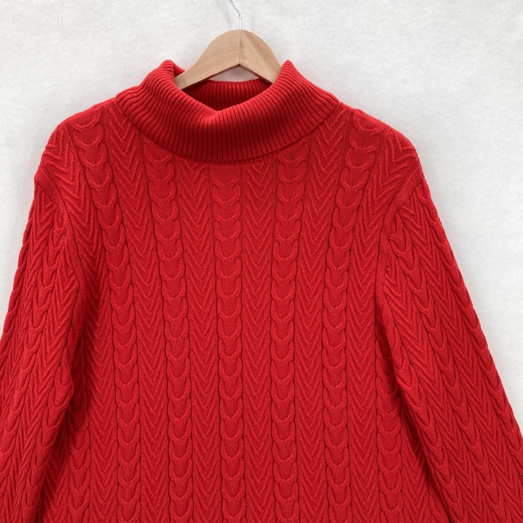Lands' End VINTAGE Lands' End Sweater Womens 1X Red Cable Knit Turtleneck Cotton Pullover 16W-18W Mens? Size XL / US 12-14 / IT 48-50 - 2 Thumbnail