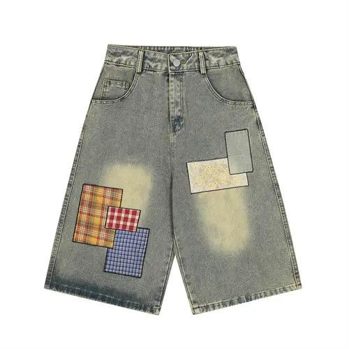 Men's retro plaid patch washed distressed denim shorts y2k