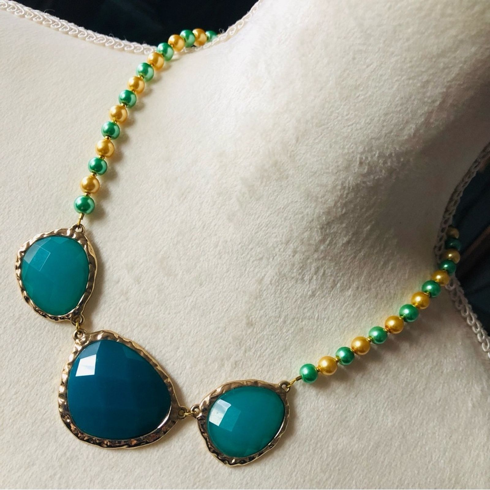 Handmade Handcrafted repurpose teal green dome glass Pearl necklace Size ONE SIZE - 1 Thumbnail