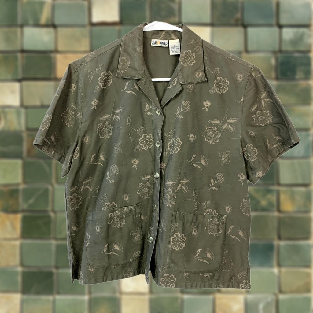 CO Sun River Clothing Co Women's S Olive Green Floral Button-Up Shirt Blouse Size S / US 4 / IT 40 - 1 Thumbnail