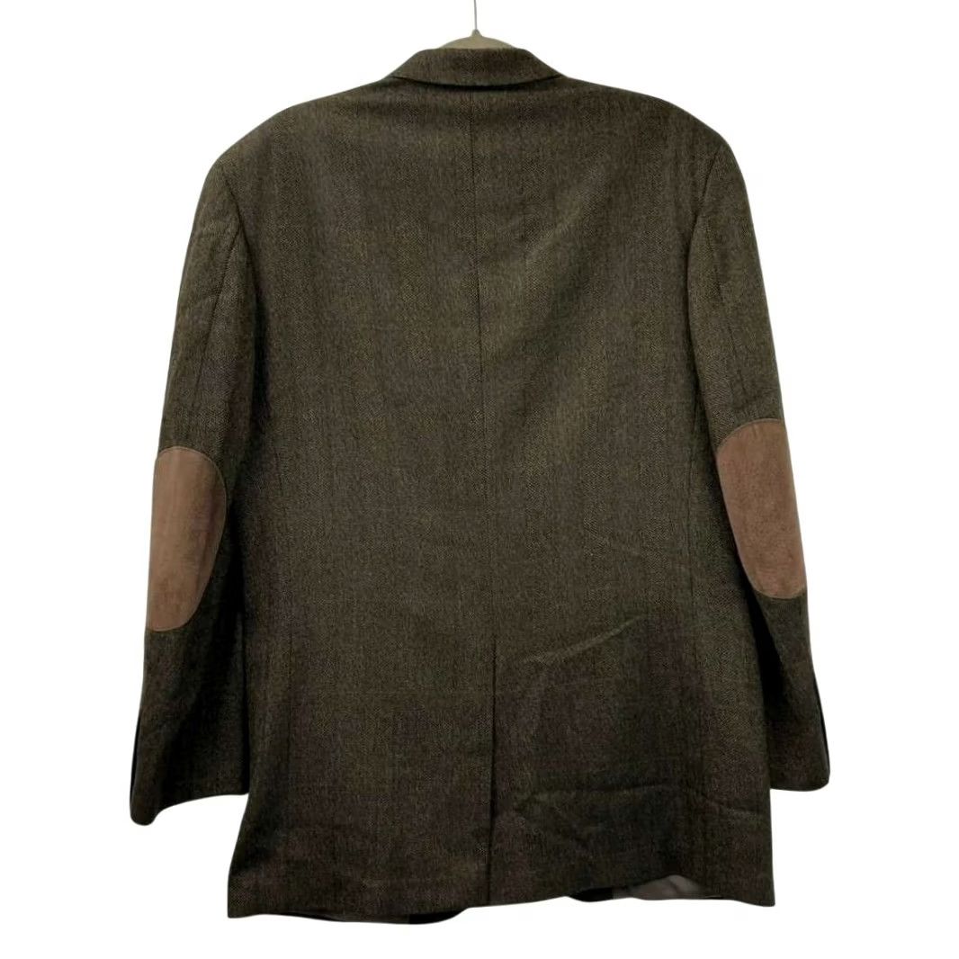 Oscar De La Renta VINTAGE Oscar de la Renta Blazer Jacket Men 40L Brown 100% Lambswool Tweed Herringbone Suede Elbows Size 40R - 2 Thumbnail