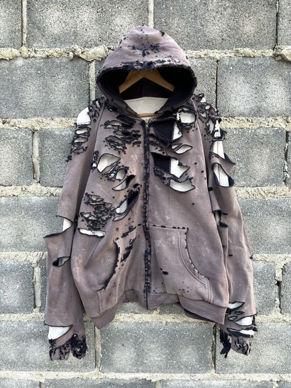 Vintage BOXY THRASHED THERMAL WAFFLE ZIP HOODIE Size US XL / EU 56 / 4 - 1 Thumbnail