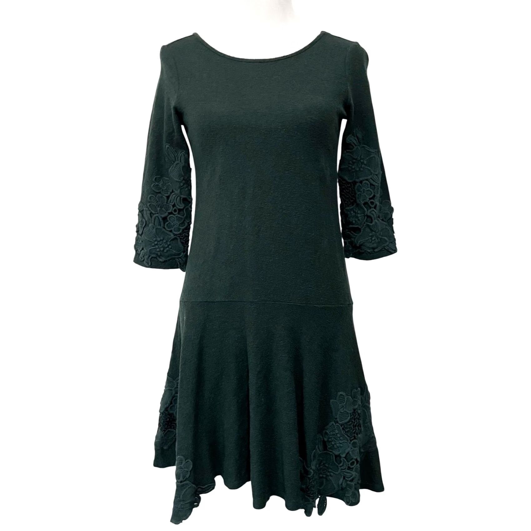 Vintage Maeve Anthropologie Sweater Dress Womens XS Green Lace Tierra Drop Waist Scoop Back KnEE Length 34" 3/4 Sleeve Vintage? Size XS / US 0-2 / IT 36-38 - 2 Thumbnail