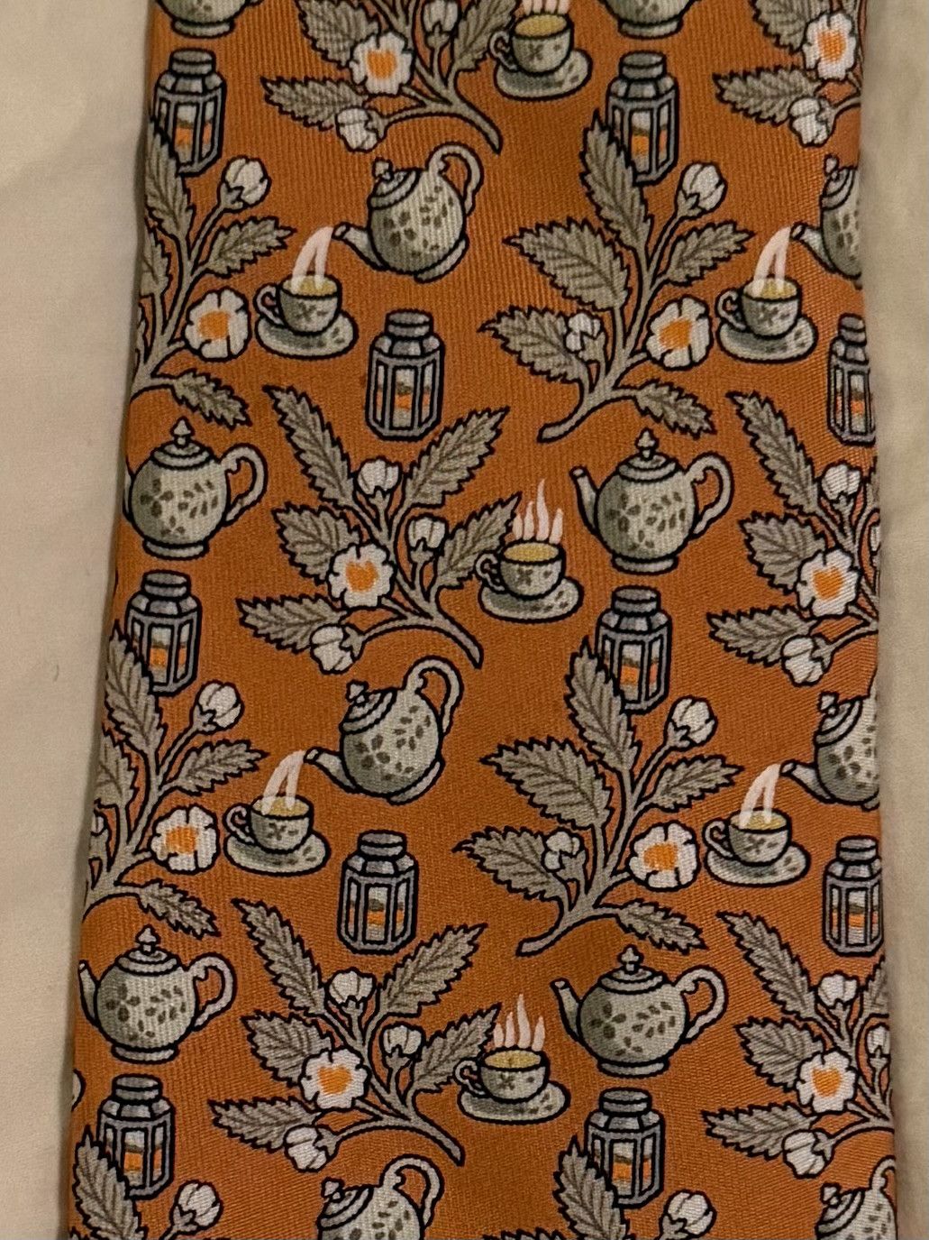 Hermes Hermès Orange Silk Tie Teapot Lantern Print 7536 EA Size ONE SIZE - 2 Thumbnail