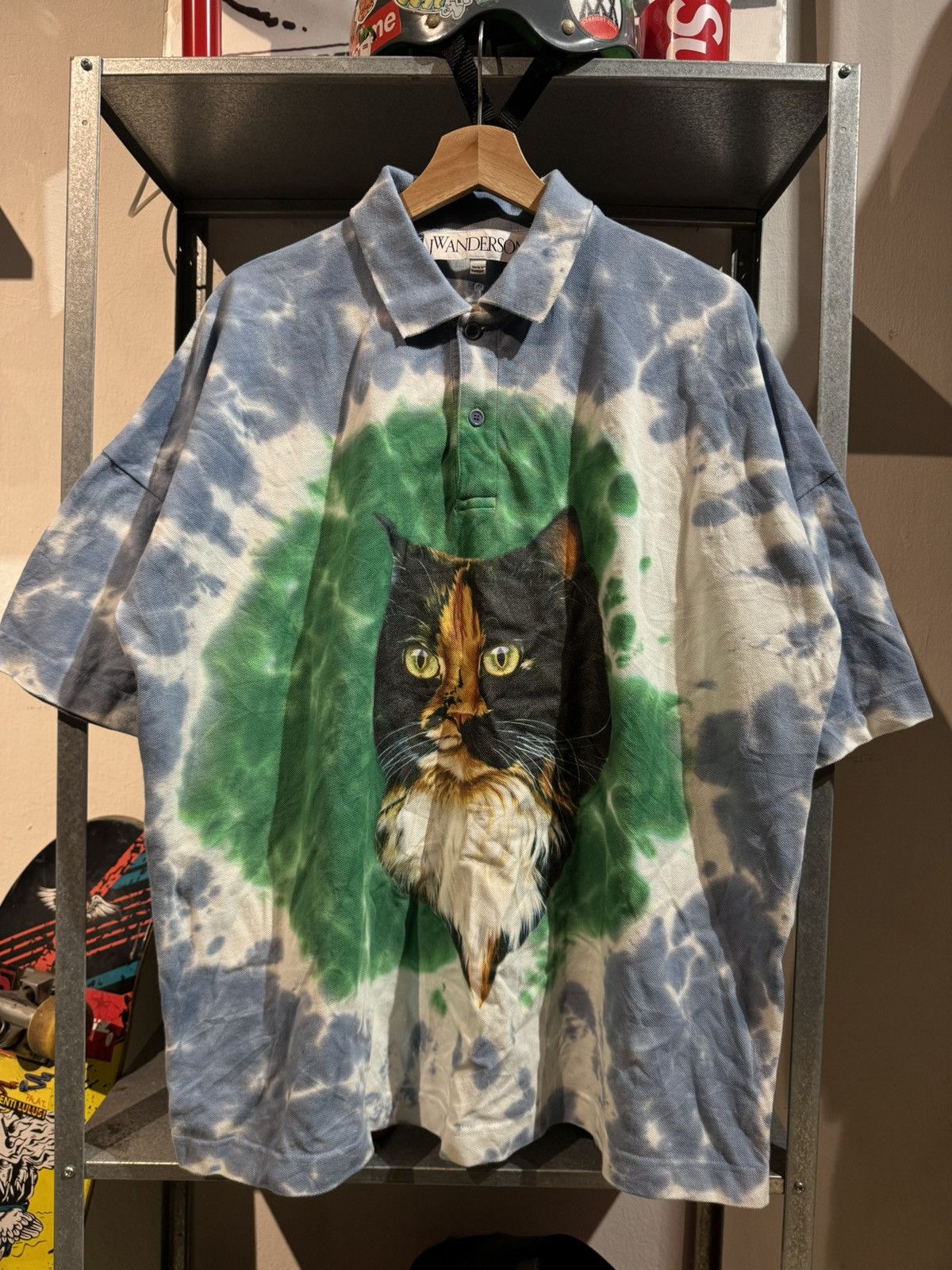 JW Anderson Cat Print Tie Dye Organic Cotton Polo Tee