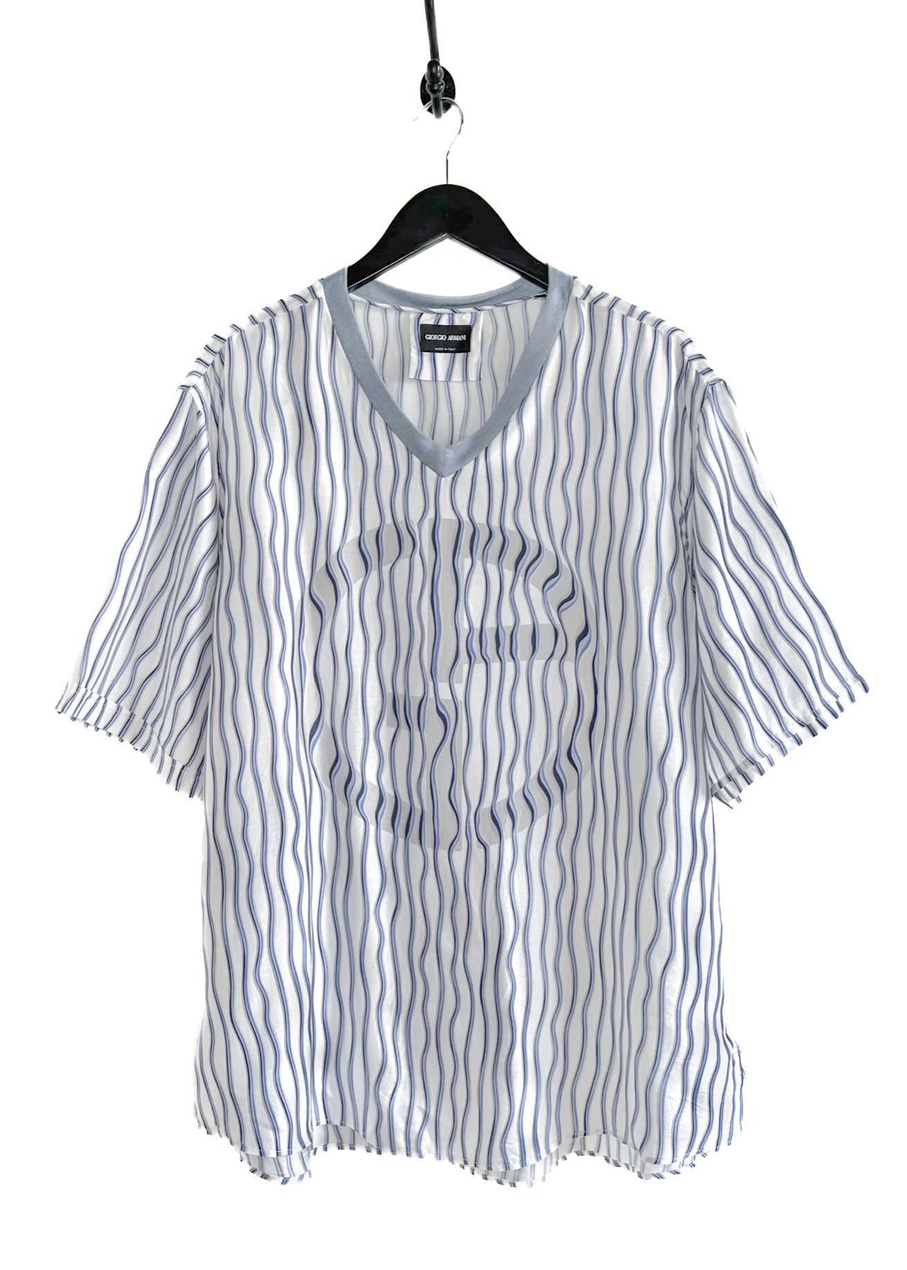 Giorgio Armani Giorgio Armani White Blue Wave Striped GA Logo Silk Top Size US M / EU 48-50 / 2 - 1 Thumbnail