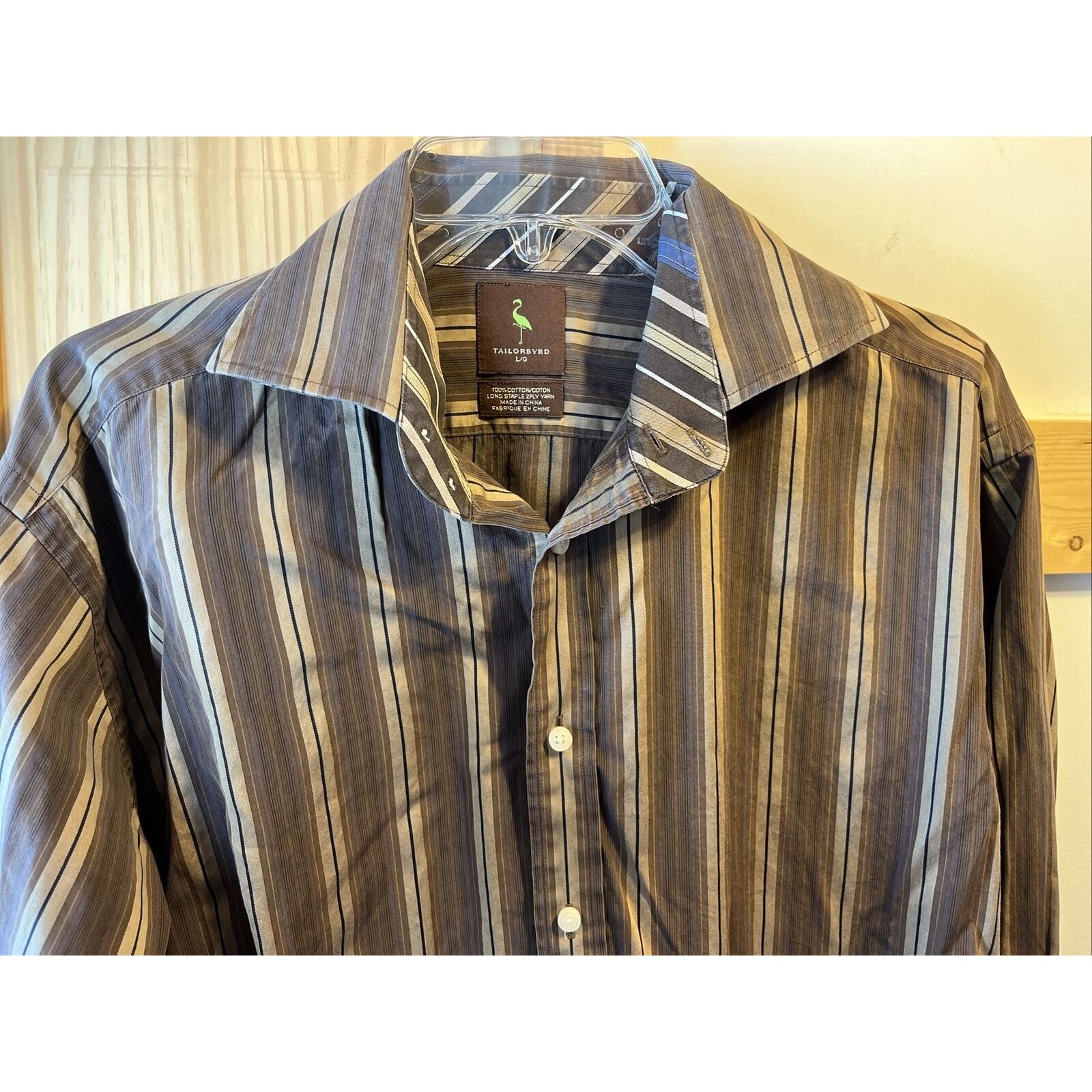 Tailorbyrd TAILORBYRD Men L Striped Brown Gold Long Sleeve cotton Shirt Size US L / EU 52-54 / 3 - 6 Thumbnail