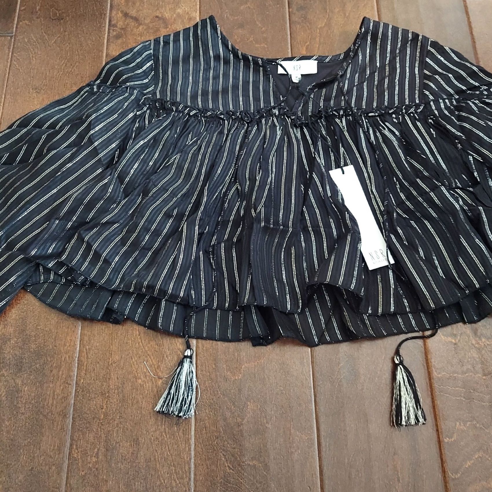 Vintage NSR Women's Black/White Stripe Blouse W/ Tassel - Size M - NWT Size M / US 6-8 / IT 42-44 - 5 Thumbnail