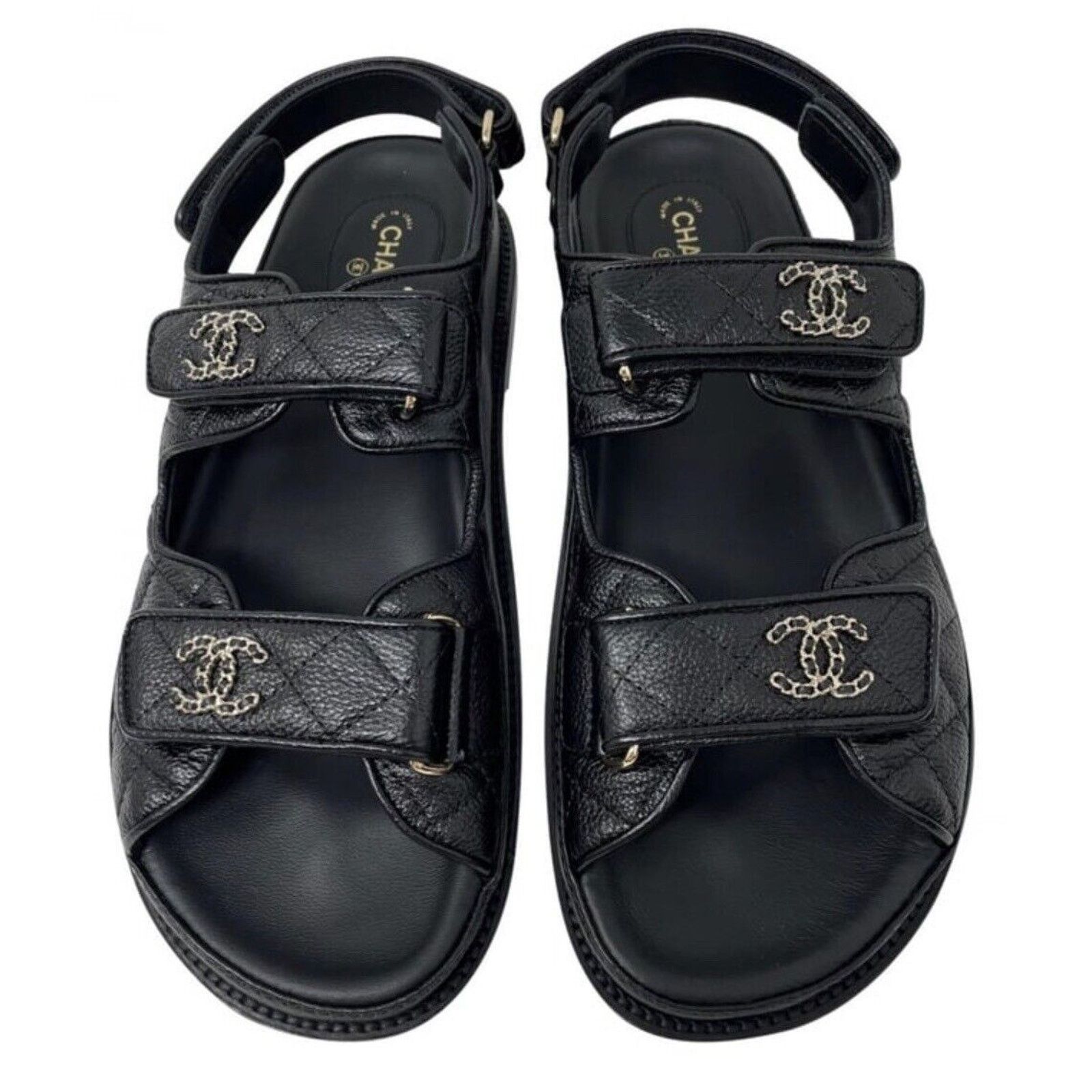 Chanel Black Leather Chain 38.5 EUR CC Quilted Flats Dad Sandals Size US 7.5 / IT 37.5 - 1 Thumbnail