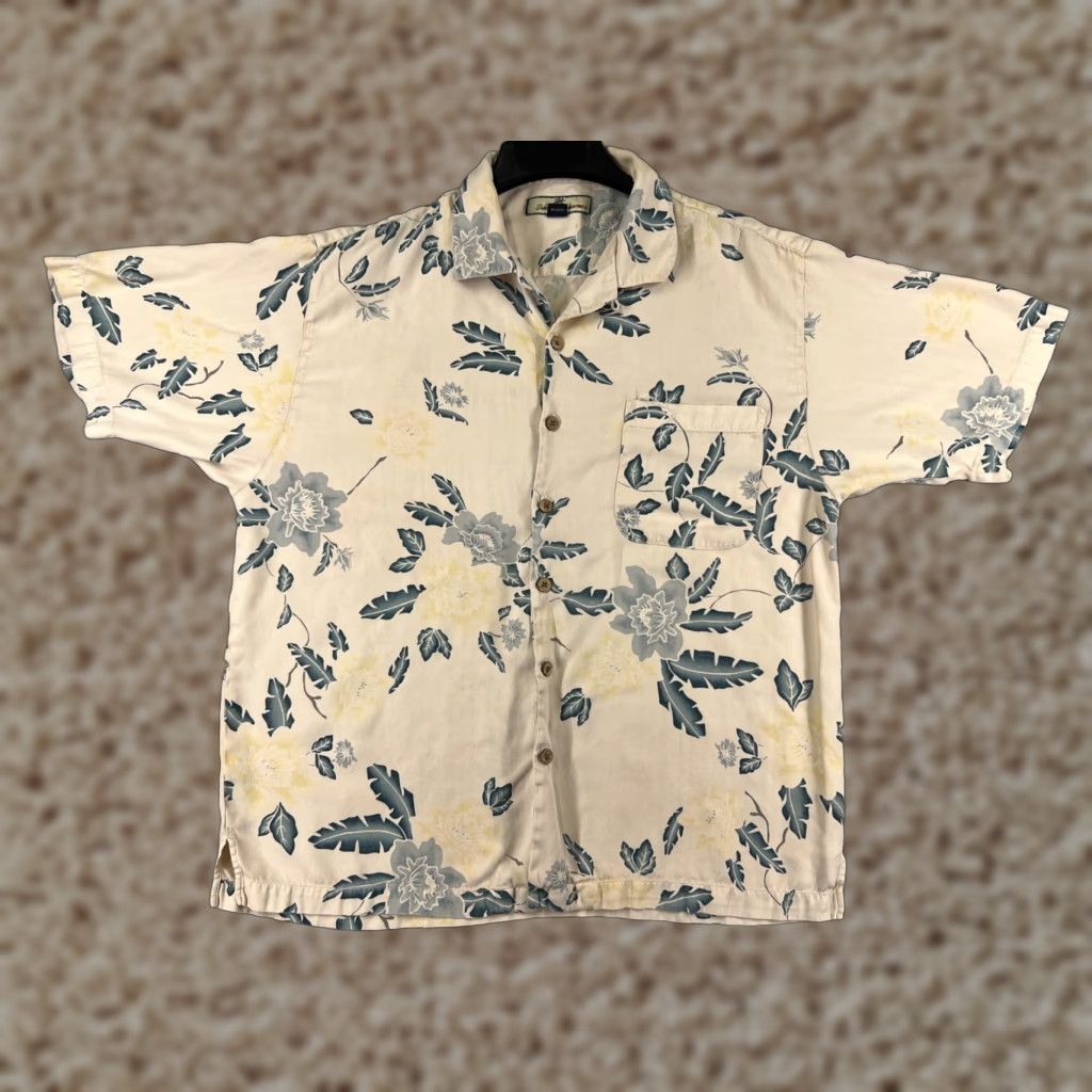 Tommy Bahama Tommy Bahama Shirt Mens Large Beige Floral 100% Silk Herringbone Hawaiian Camp Shirt Size US L / EU 52-54 / 3 - 1 Thumbnail