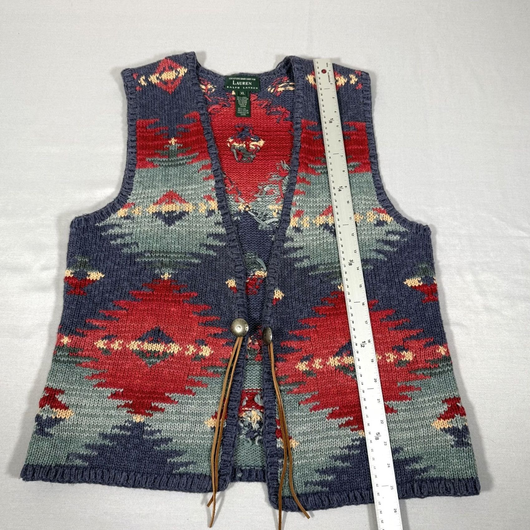 Ralph Lauren Lauren Ralph Lauren Vest Womens XL Hand Knit Aztec Geometric Linen Cotton Multicolor V-Neck Open Front with Leather Ties Buttoned Accents Size XL / US 12-14 / IT 48-50 - 5 Thumbnail