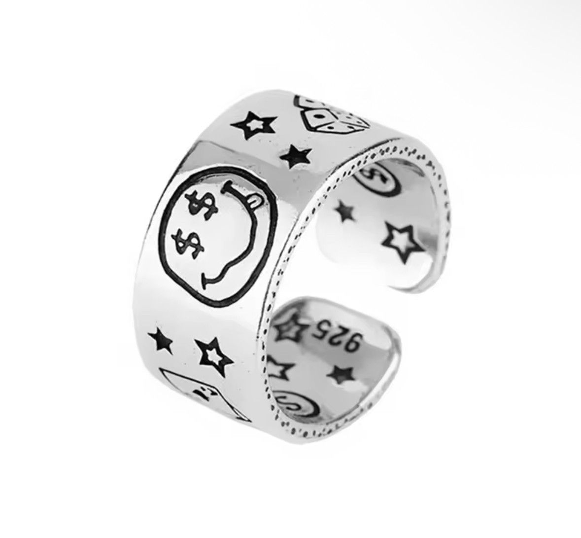 Jewelry Personality Smile Face Poker Dice Vintage Thai Silver Ring Size ONE SIZE - 3 Thumbnail