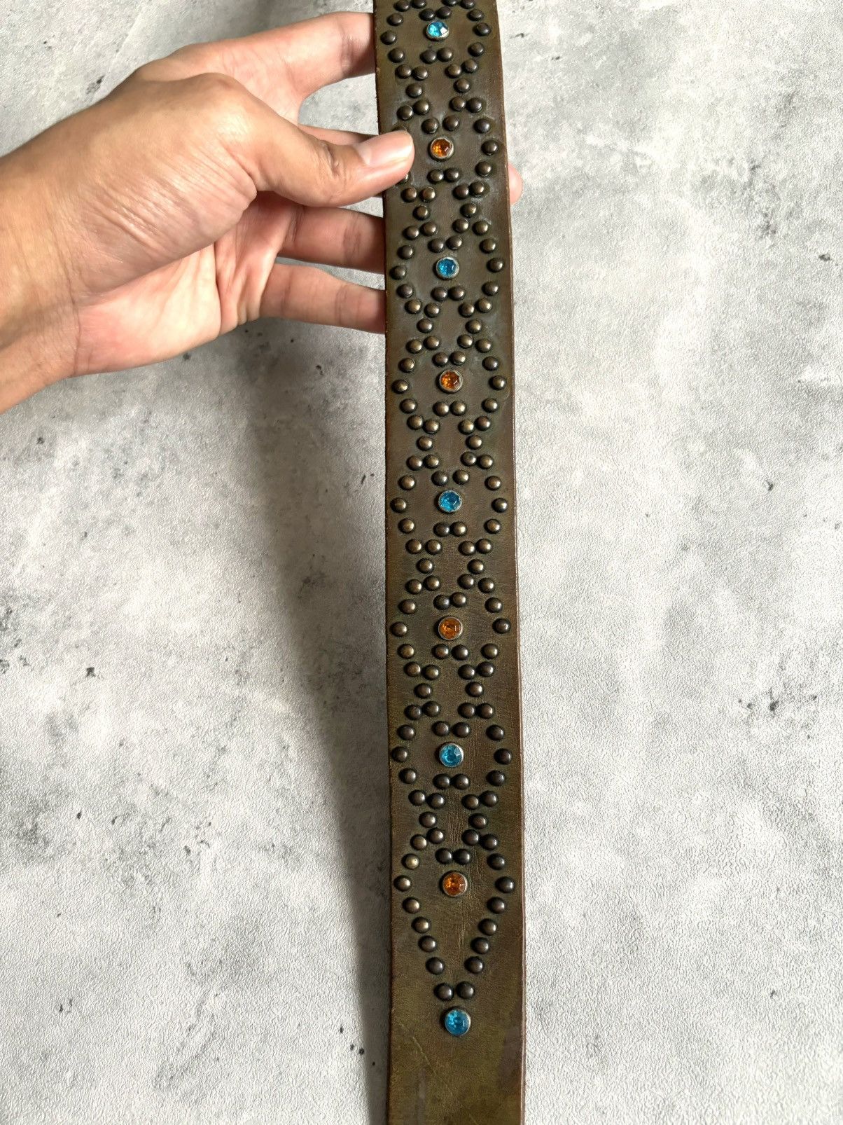 Japanese Brand Leather Design Blue&Orange Studded Belt Size 32 - 9 Thumbnail