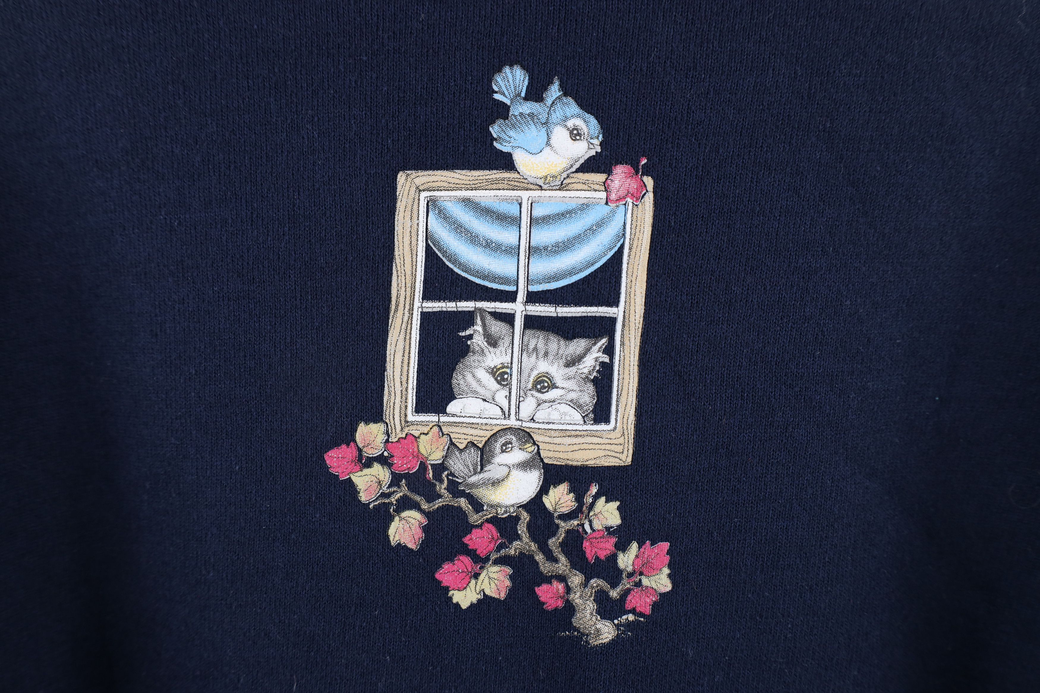 Vintage Vintage 90s Streetwear Cat Kitten Bird Sweatshirt Blue USA Size L / US 10 / IT 46 - 9 Thumbnail