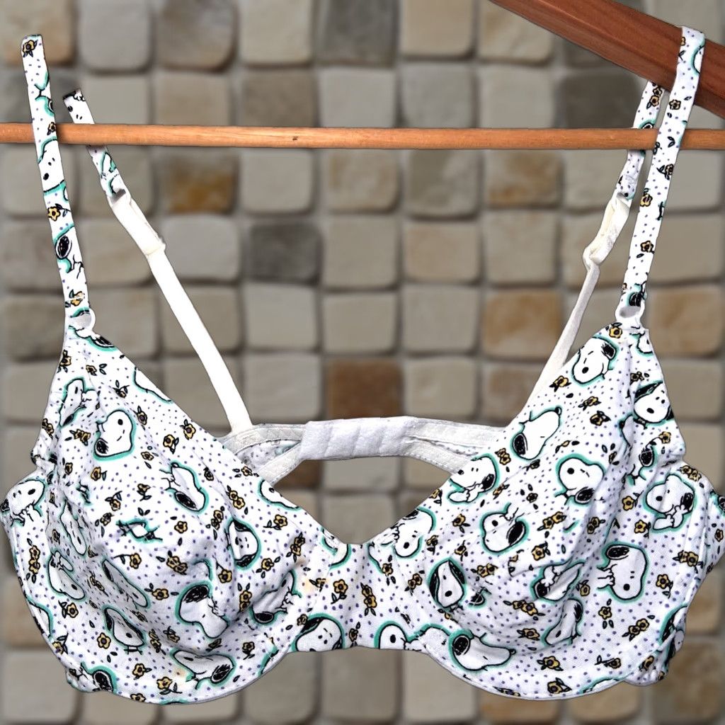 Peanuts VINTAGE Peanuts Snoopy Bra 34C White Yellow Floral Underwire Cotton READ Size ONE SIZE - 1 Thumbnail