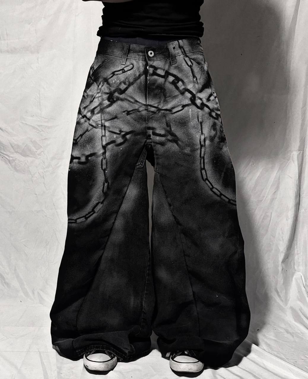 Japanese Brand Black Wide jeans with Chains Handmade Baggy Y2K