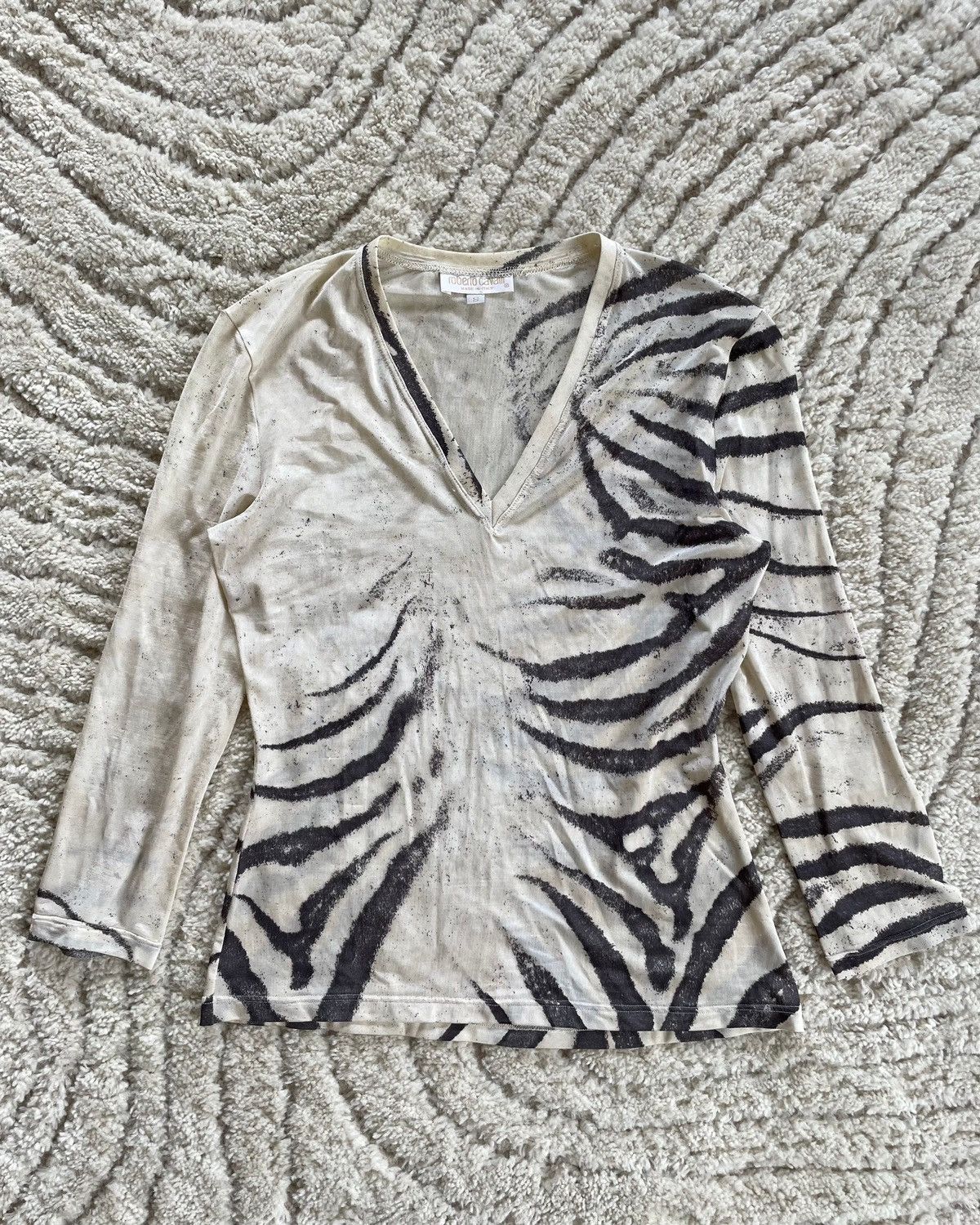 image of 1990S Roberto Cavalli Zebra Mesh Top (Xs) in White, Women's