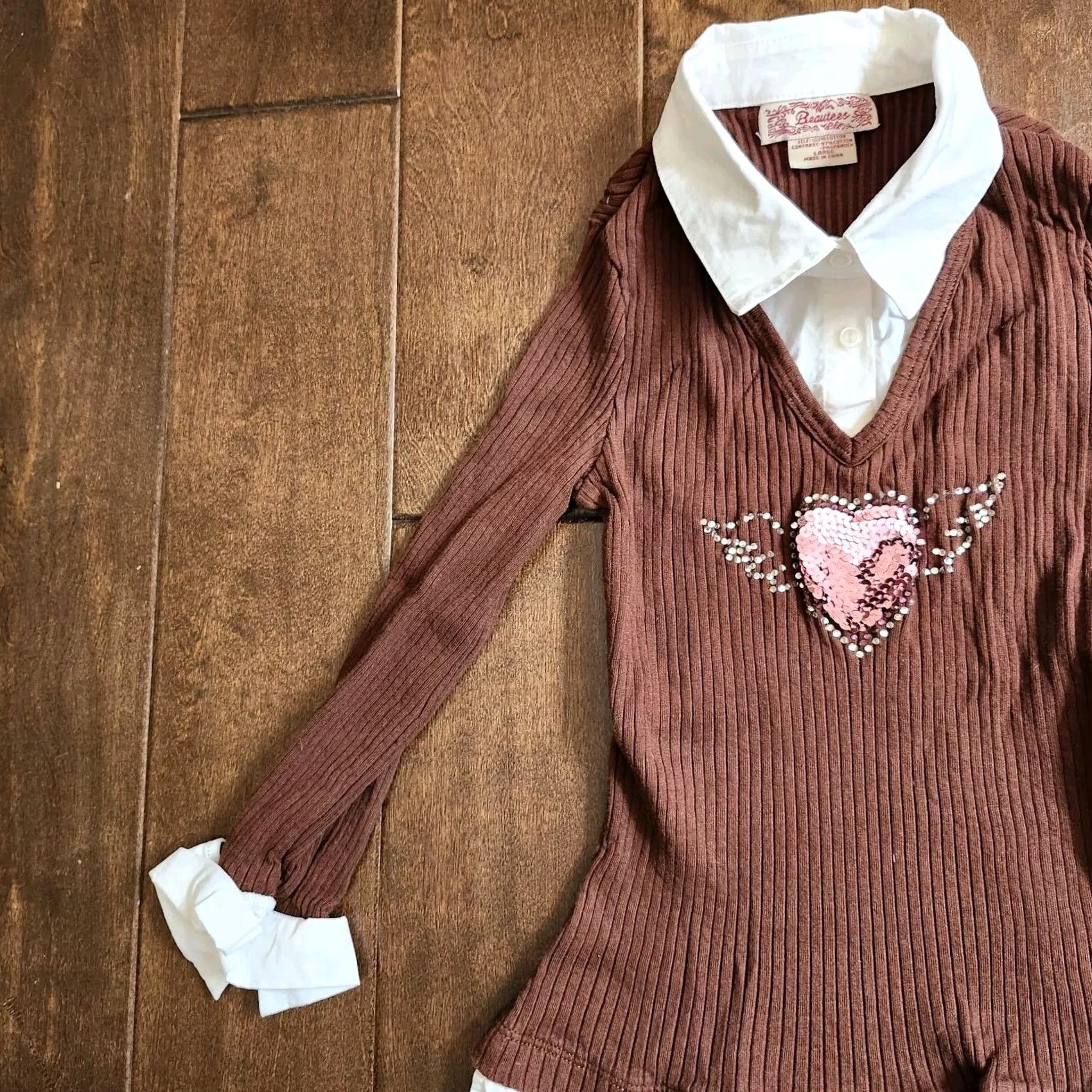 Vintage Beautees Junior Layered Look Preppy Buttons Collar Neck Sweater L Teens Brown Long Sleeve Regular Size L Size L / US 10 / IT 46 - 4 Thumbnail