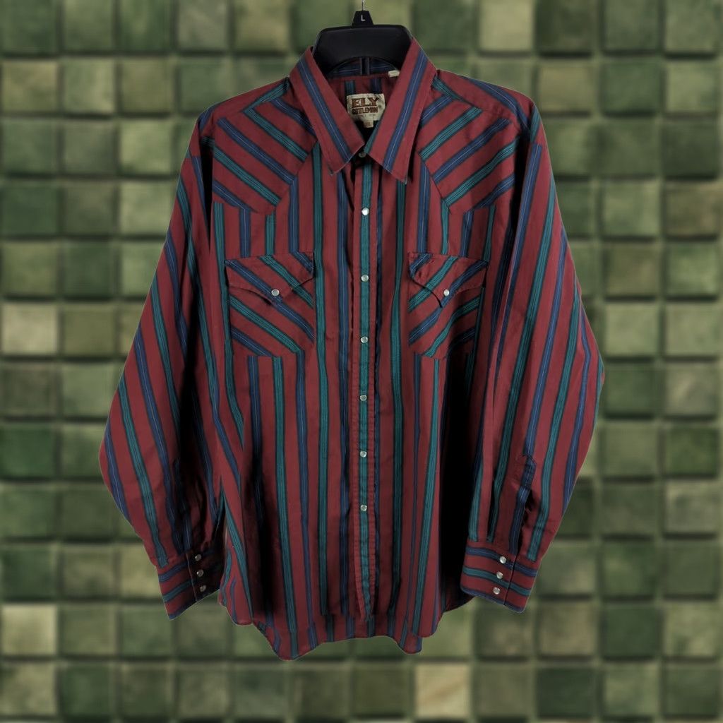 Vintage VINTAGE Ely Cattleman Button-Up Shirt Western Mens XL Burgundy Green Pearl Snap Snap Buttons Collared Striped Pattern Cowboy Dress Shirt Size 46R - 1 Thumbnail