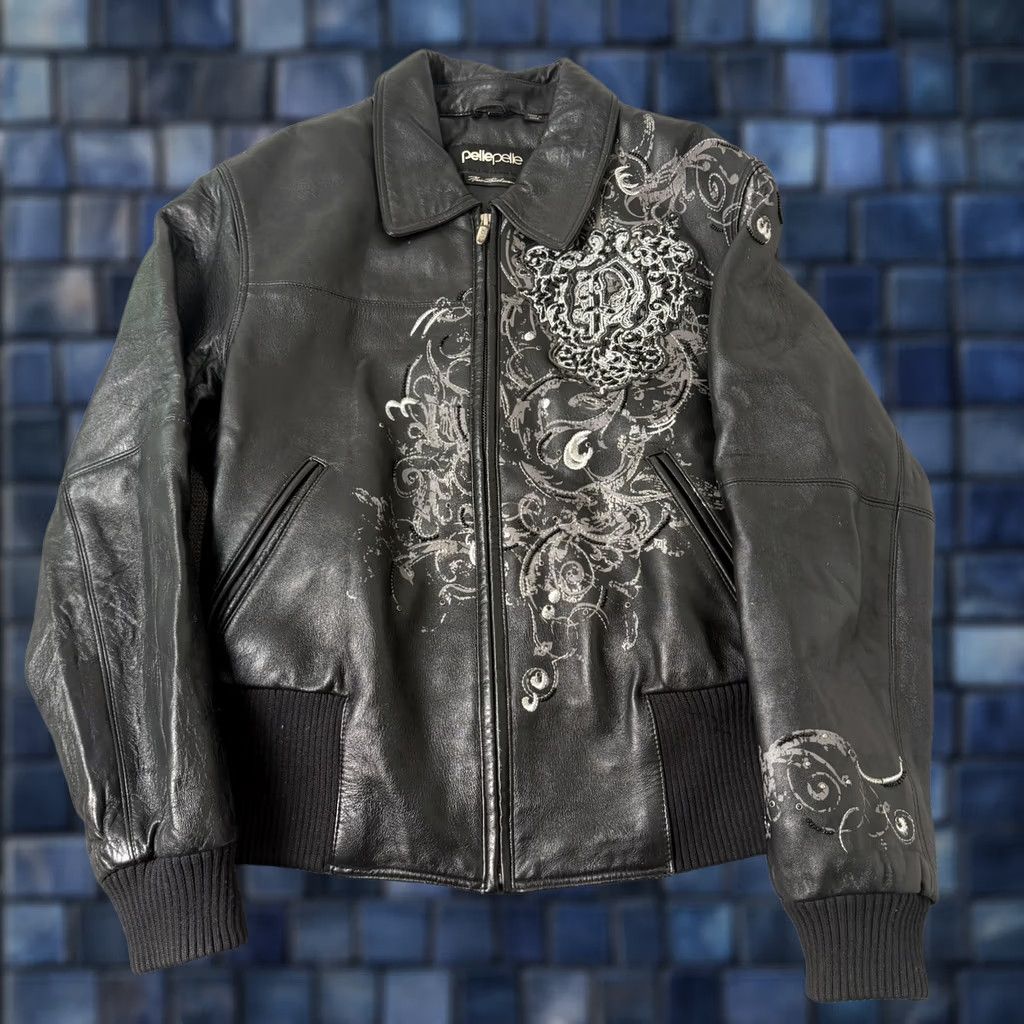 Pelle Pelle VINTAGE Pelle Pelle Black Leather Studded Jacket Rhinestones Womens 10 Bomber Jacket Women Black 10 Womens Size L / US 10 / IT 46 - 1 Thumbnail