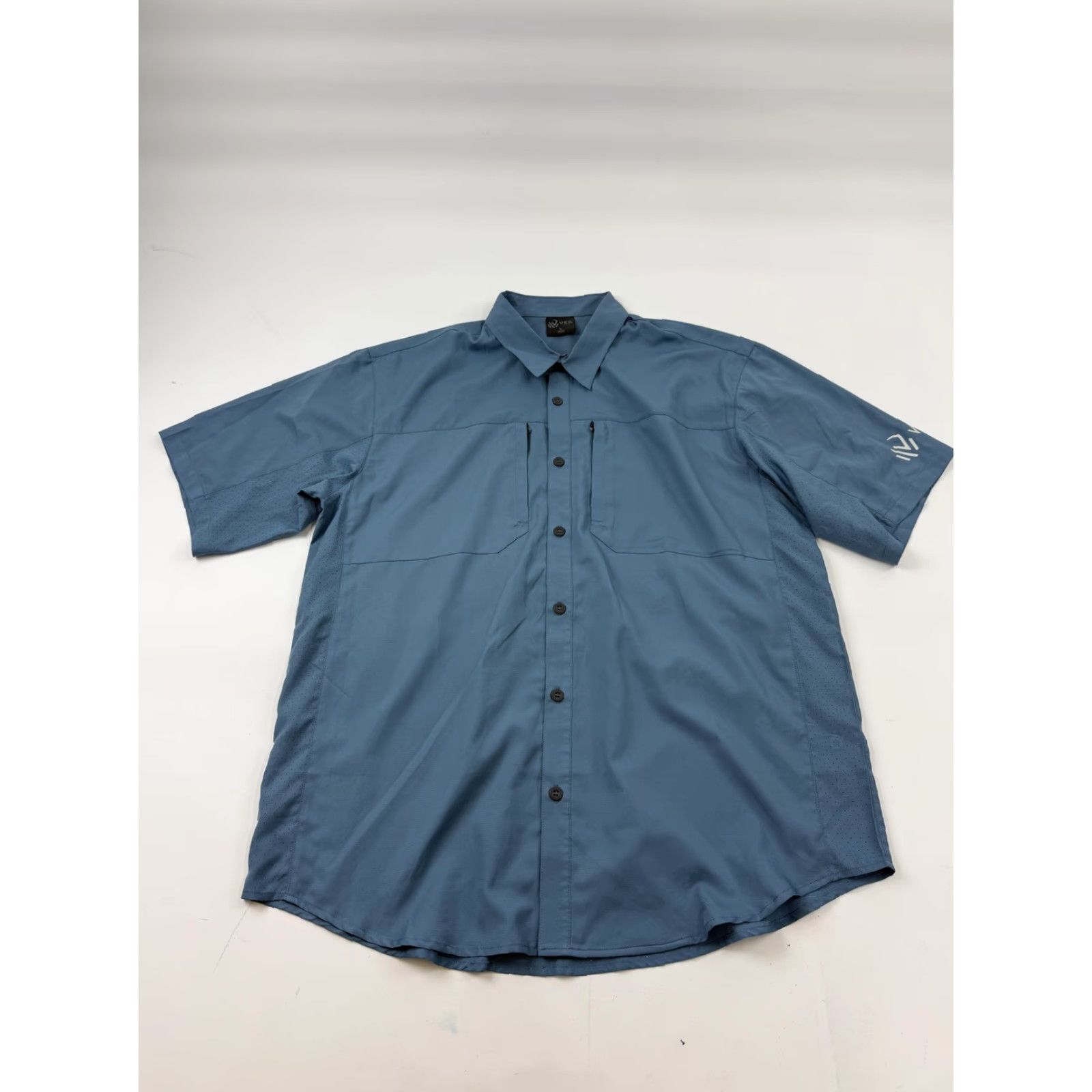 Vintage Veil Camo Shirt Mens Large Blue Solid Short Sleeve Button Front Travel Outdoor Size US L / EU 52-54 / 3 - 2 Thumbnail