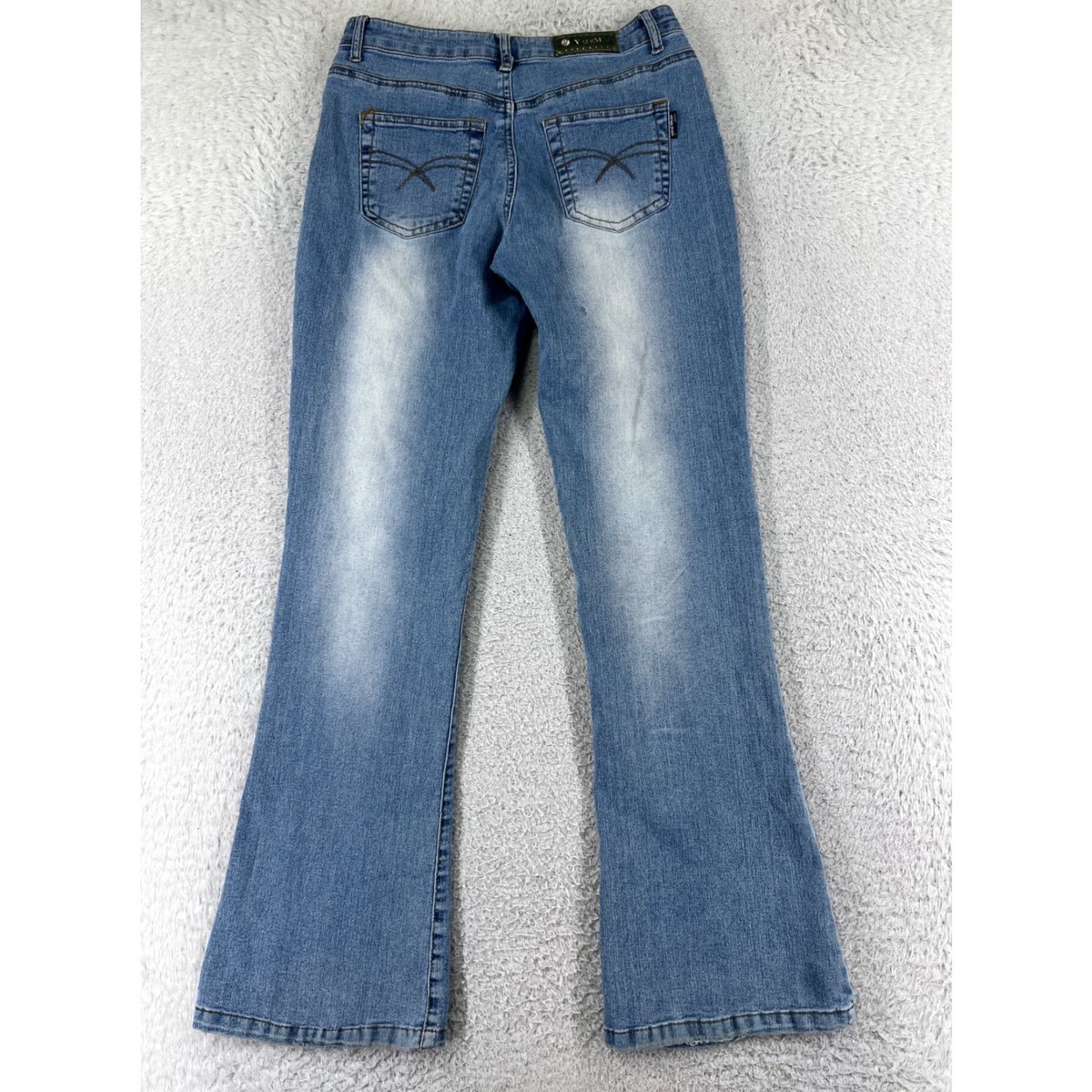 Vintage YueMu Jeans Womens 24 Blue Flared Distressed Low Rise Cotton Med Wash 24x29 Size 42" / US 20 - 2 Thumbnail