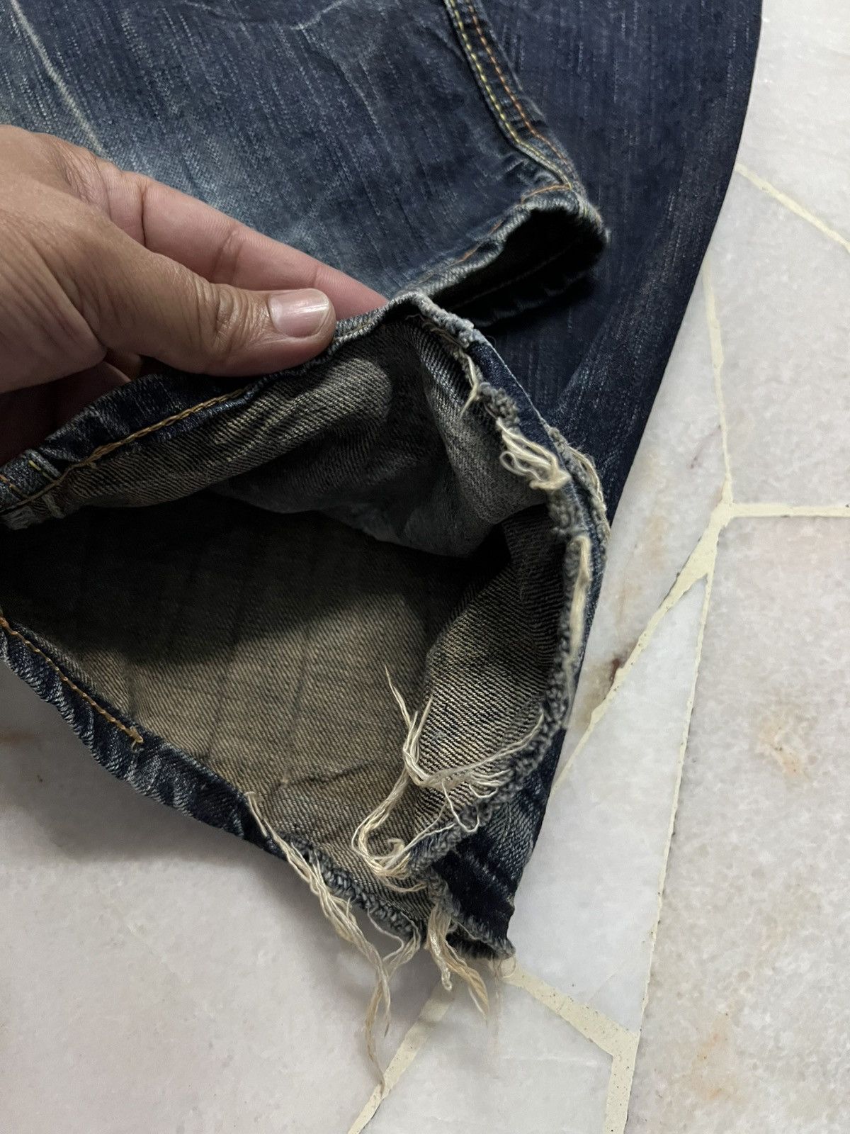 Edwin × Vintage 💥Flare💥Edwin 503 Blue Trip Distress Jean Size US 35 - 21 Thumbnail