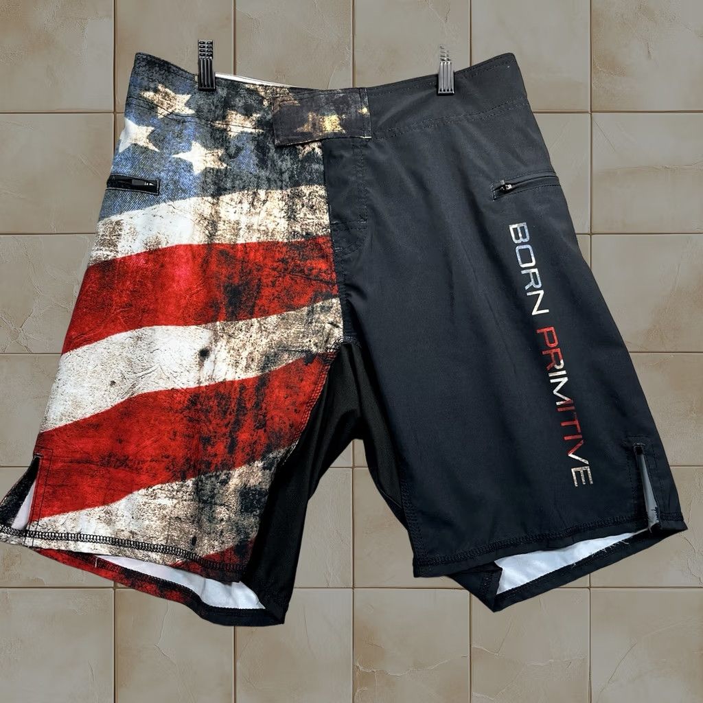Born Primitive Mens Shorts 30 Black American Flag Board Zip Pockets, Men's