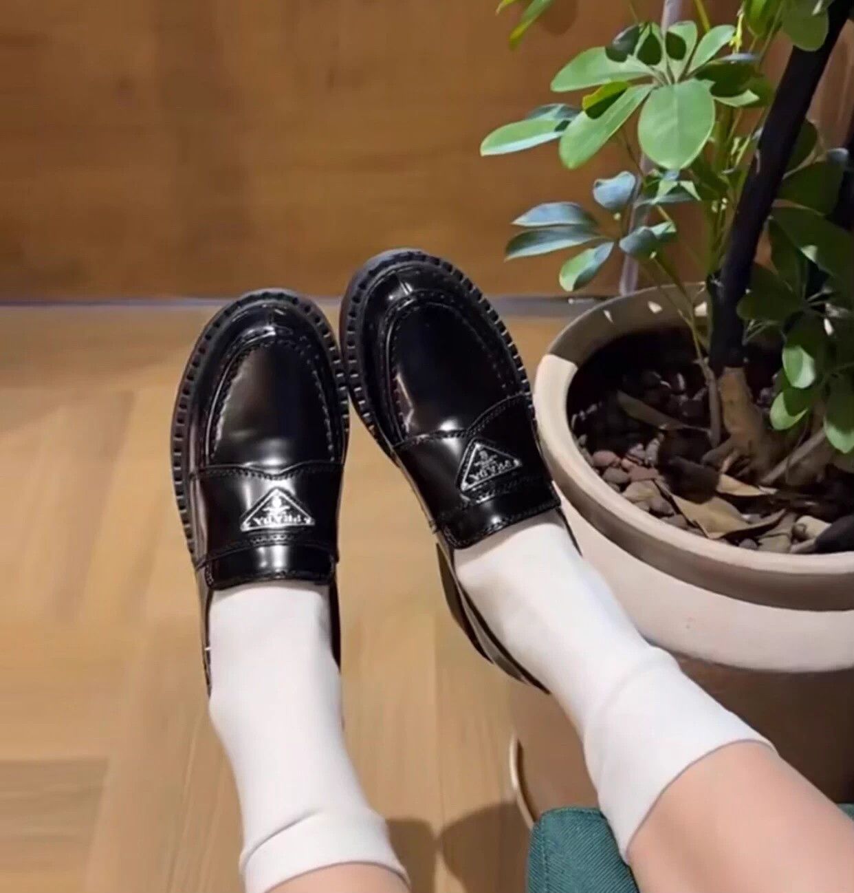 Prada Prada Women's Black Loafers 37.5 EU Silver Triangle Logo New Size US 6.5 / IT 36.5 - 2 Thumbnail