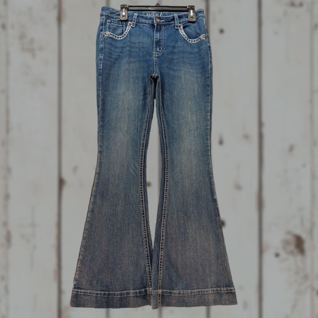 Bell VINTAGE Rockin' C Flare Leg Jeans 32 High-Rise Embroidered Stretchy Med Wash Bell Bottom Size 24" / US 00 / IT 34 - 1 Thumbnail