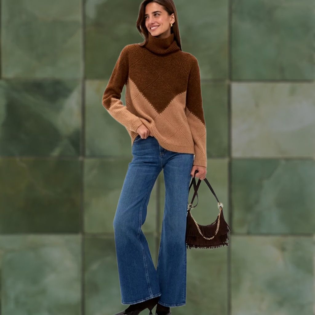 Vintage Diamond Hyacinth House Sweater Womens Tan Brown Diamond Demi Ribbed Knit Turtle Neck Sm Size S / US 4 / IT 40 - 1 Thumbnail