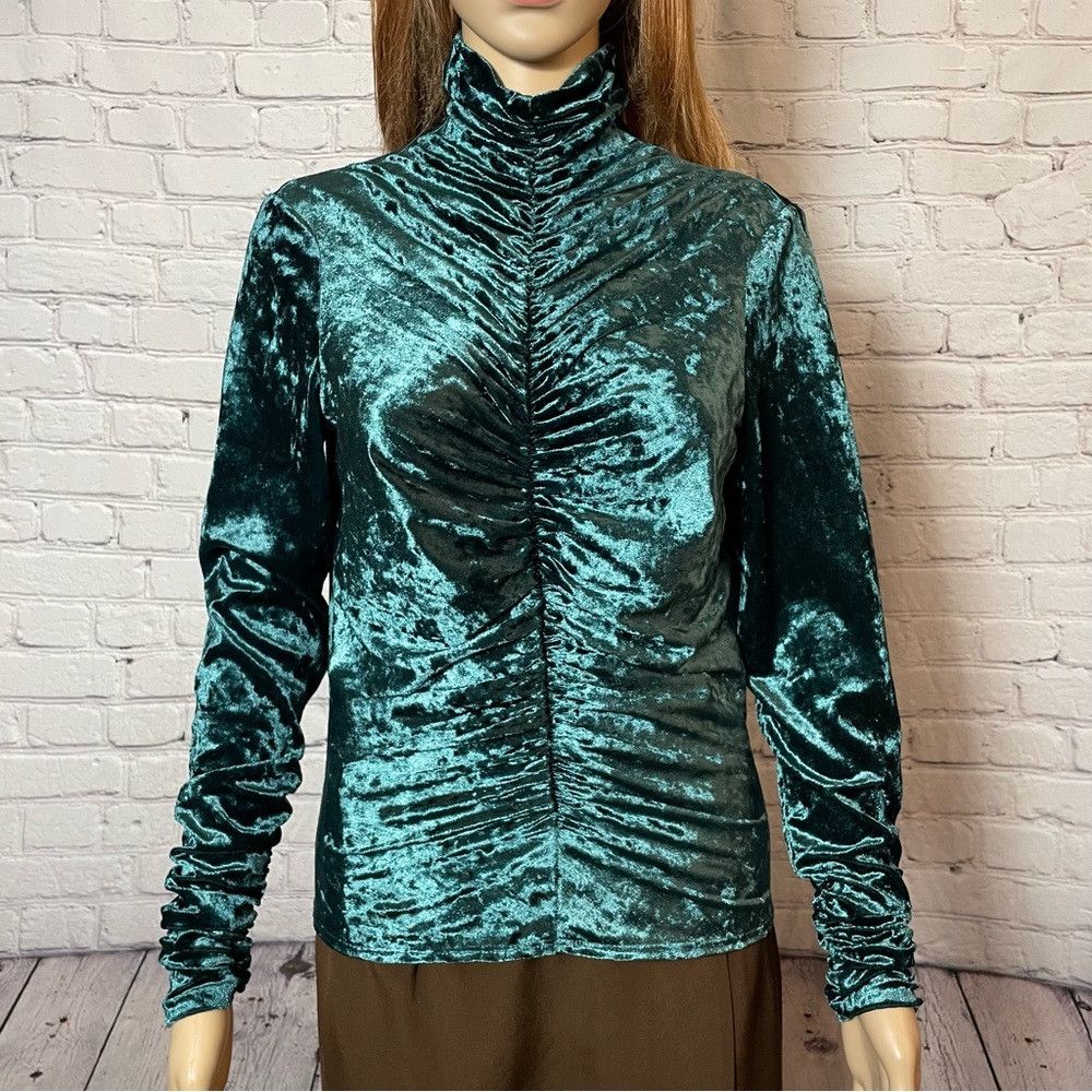 Ronny Kobo Ronny Kobo Karoline Ruched Velvet Teal Turtleneck Top Size Size L / US 10 / IT 46 - 9 Thumbnail
