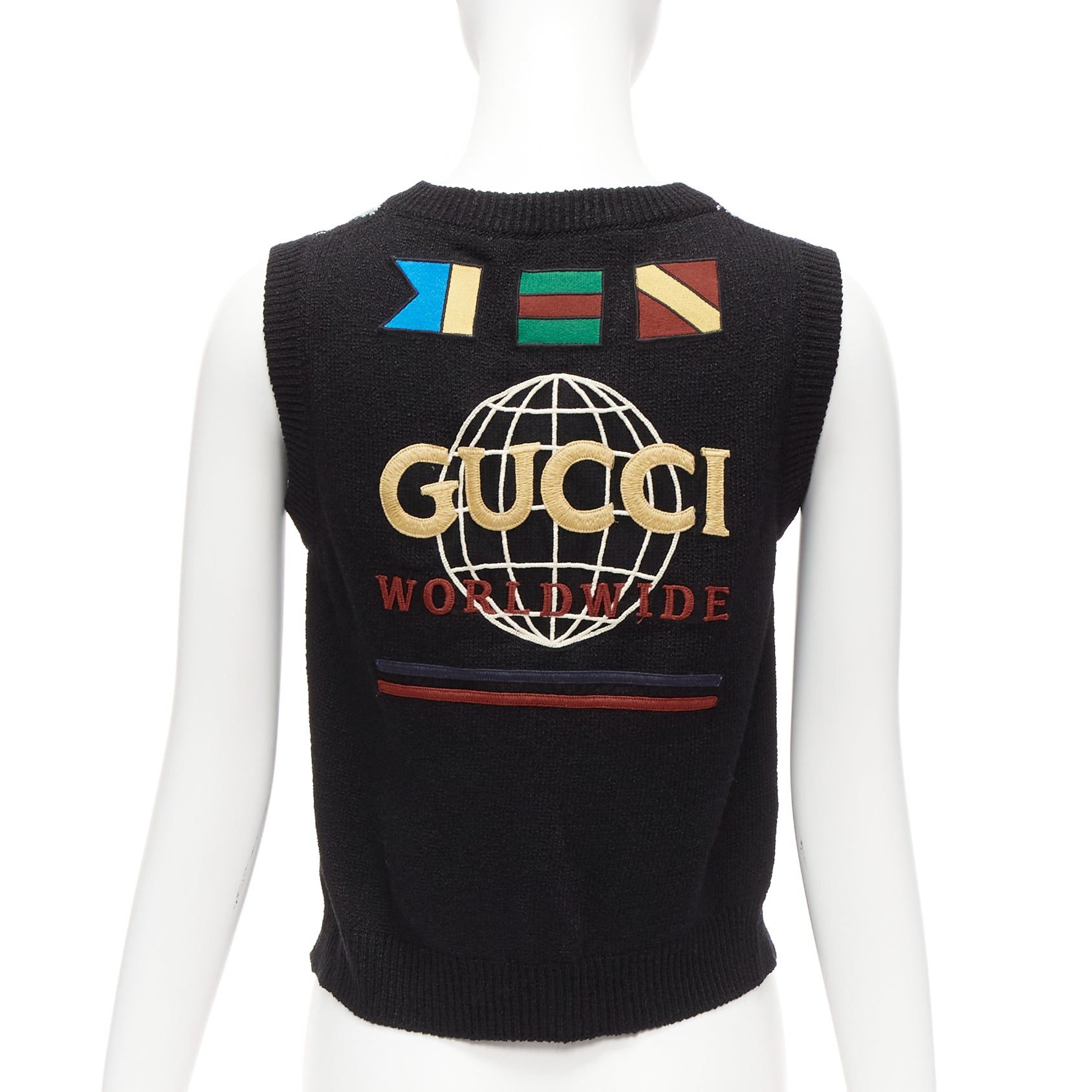 image of Gucci Black Silver Diamong Argyle Floral Embellished Sweater Vest S, Women's (Size Small)