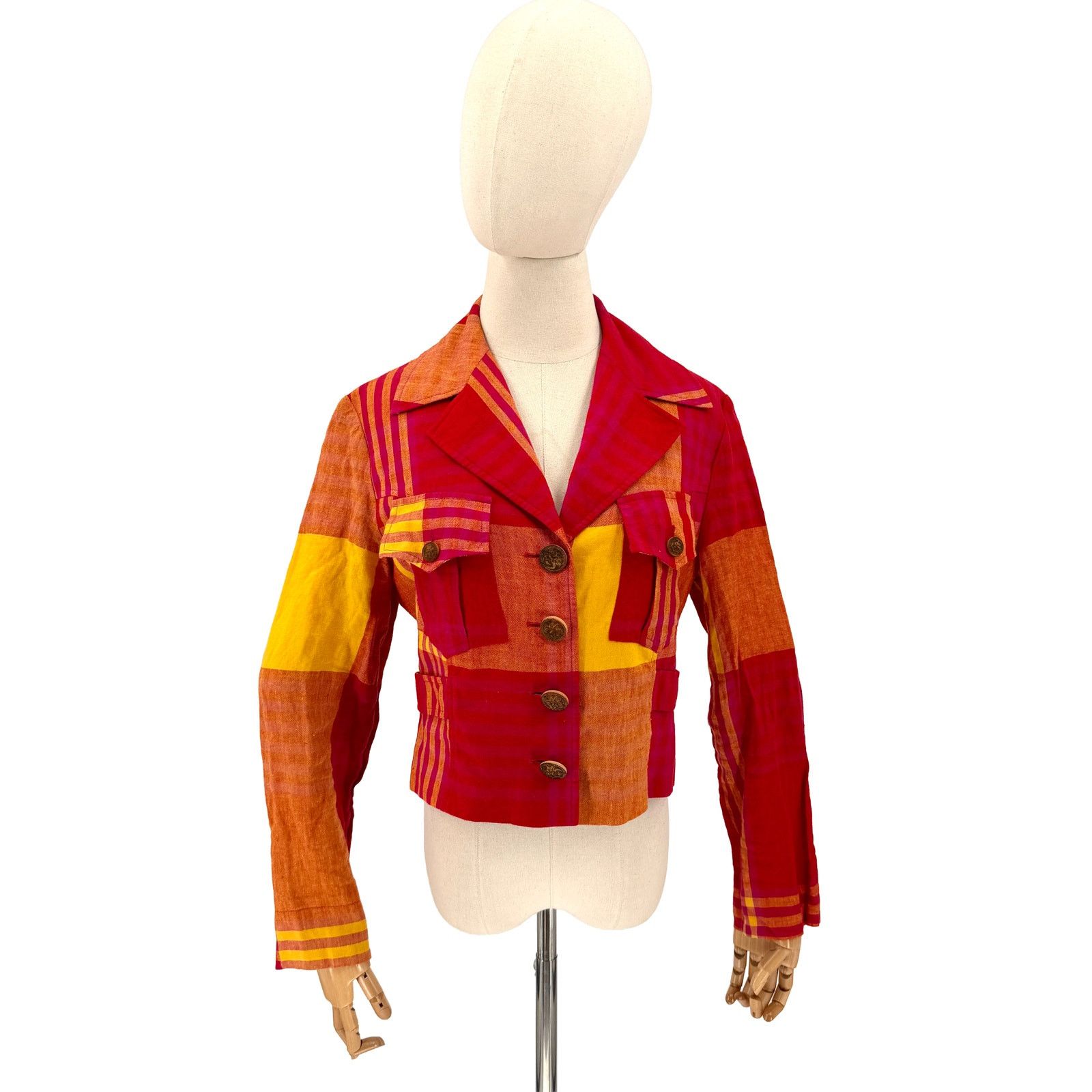 Christian Lacroix Vintage 90s Red Yellow Plaid 100% Linen Crop Jacket Size M / US 6-8 / IT 42-44 - 1 Thumbnail