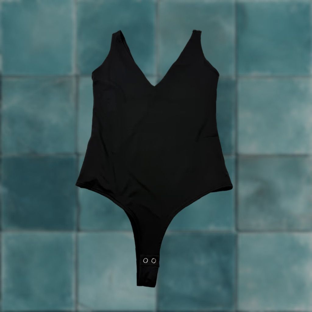 Vintage Reoria Bodysuit Womens Medium Black V Neck Sleeveless Shaping Snap Thong Size M / US 6-8 / IT 42-44 - 1 Thumbnail