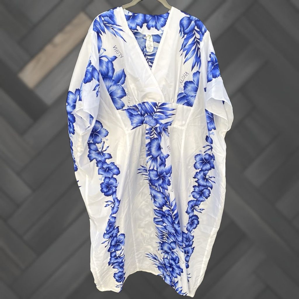 Vintage VINTAGE White Kaftan Shirt Women One Size White Blue Aloha Hawaiian Floral Tiki Casual Dress Size ONE SIZE - 1 Thumbnail