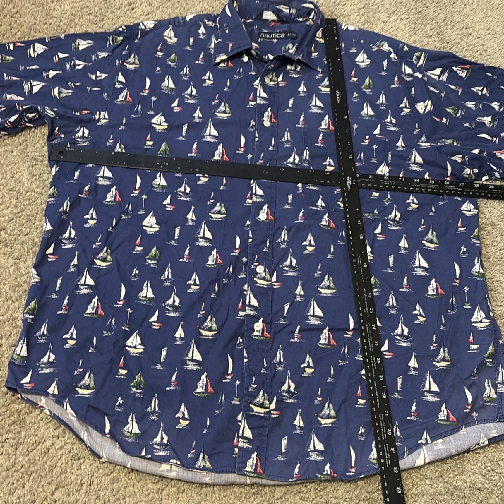 Nautica VINTAGE Nautica Sailboat All Over Print Button Up Shirt Navy Blue XL 90s USA Shirt Mens Short Sleeve Regular Size US XL / EU 56 / 4 - 5 Thumbnail