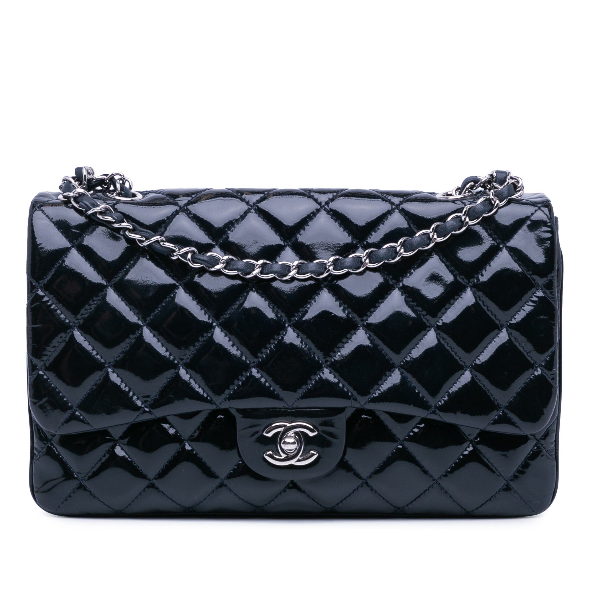 Chanel Jumbo Patent 3 Accordion Flap Blue