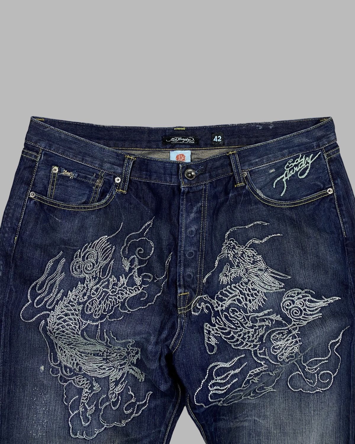 Christian Audigier Rare 00’s Ed hardy Rhinestone Dragon big logo Jeans Pants Size US 42 / EU 58 - 7 Thumbnail