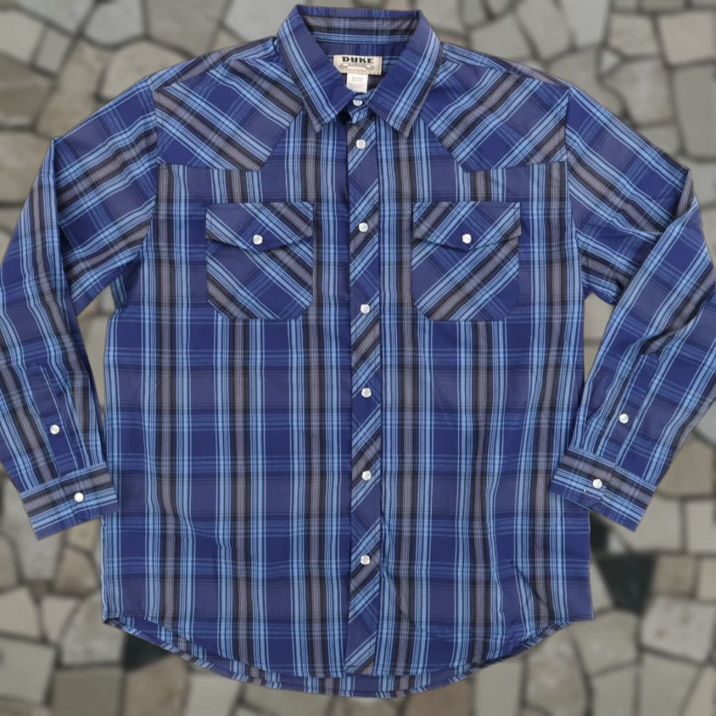 Vintage VTG Duke Haband Pearl Snap Cotton Blend Plaid Long Sleeve Shirt Blue Men's L Size US L / EU 52-54 / 3 - 1 Thumbnail