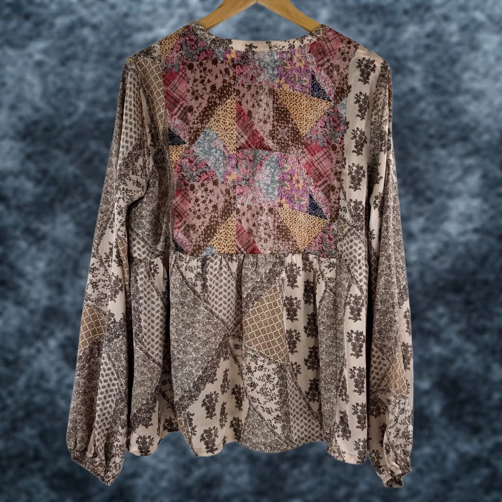 Vintage Mystree Blouse Women's Tunic V-Neck Balloon Sleeve Floral Patchwork Bohemian Chiffon Beig e Relaxed Casual Party/Cocktail L Size L / US 10 / IT 46 - 1 Thumbnail