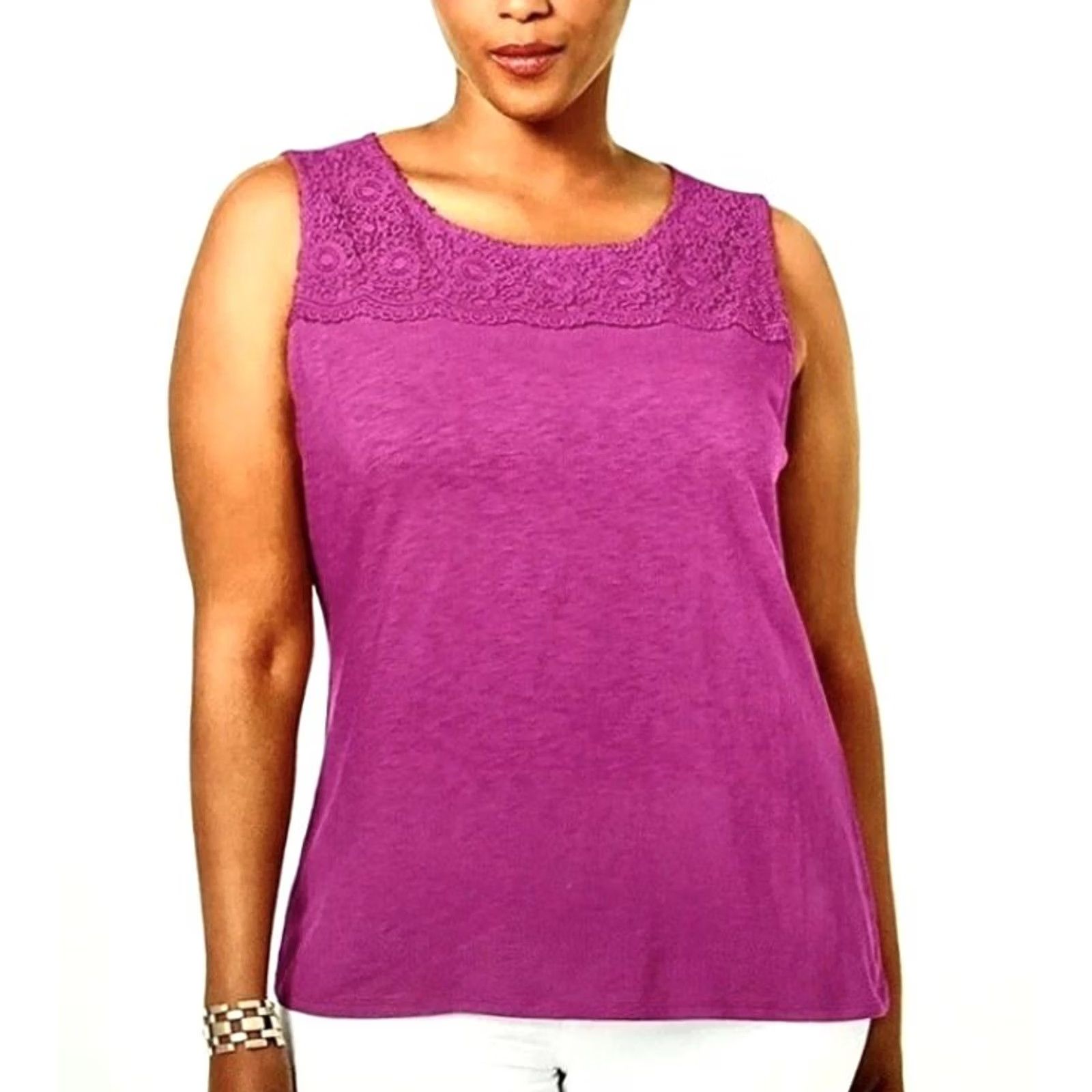Charter Club Charter Club Sleeveless Crochet Yoke Top Plus Size 1X Spanish Rose Pink #3761 Size XL / US 12-14 / IT 48-50 - 2 Thumbnail