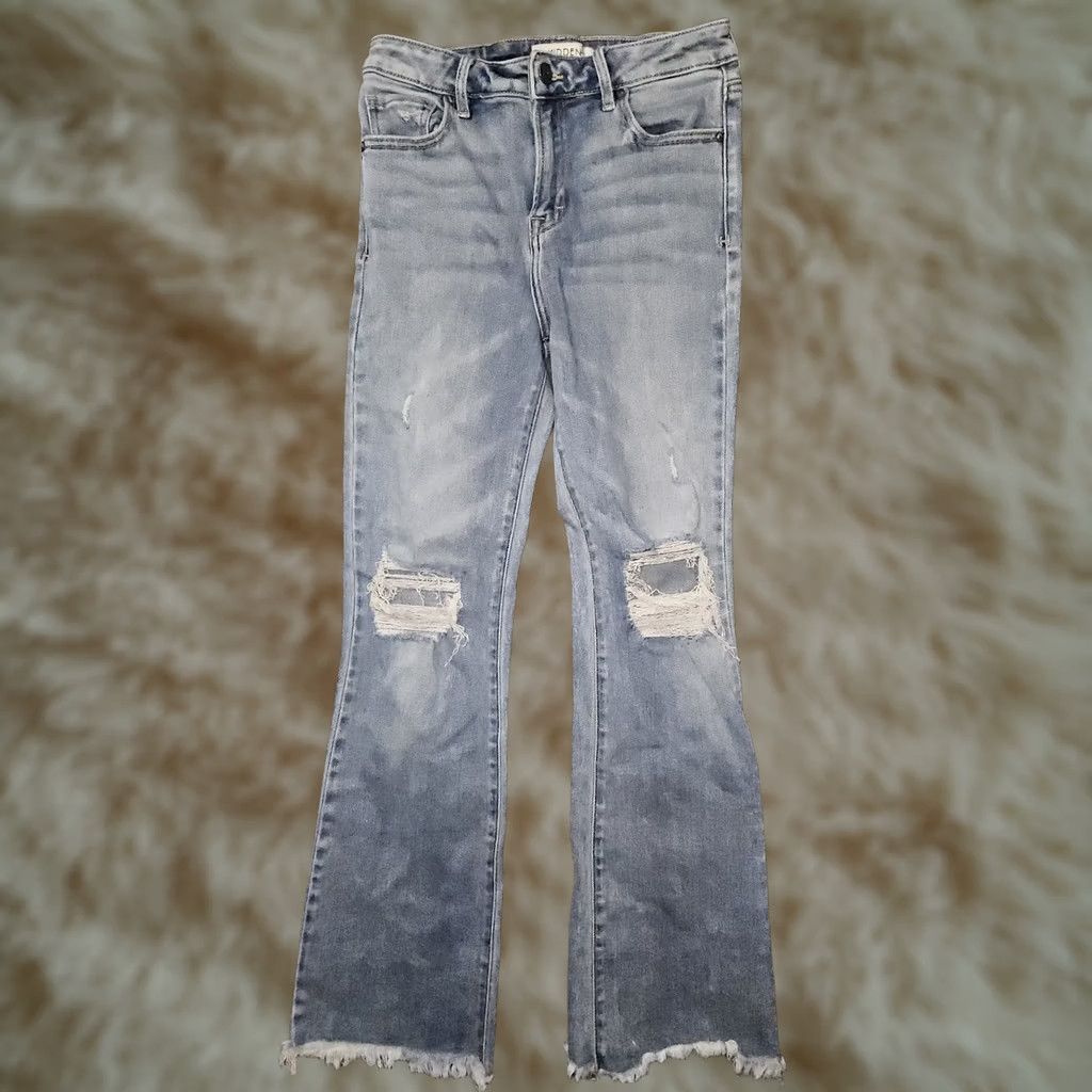 Vintage Hidden Jeans Womens 27 Light Wash Distressed Flare Raw Hem High Rise Stretch Jeans Size 27" / US 4 / IT 40 - 1 Thumbnail