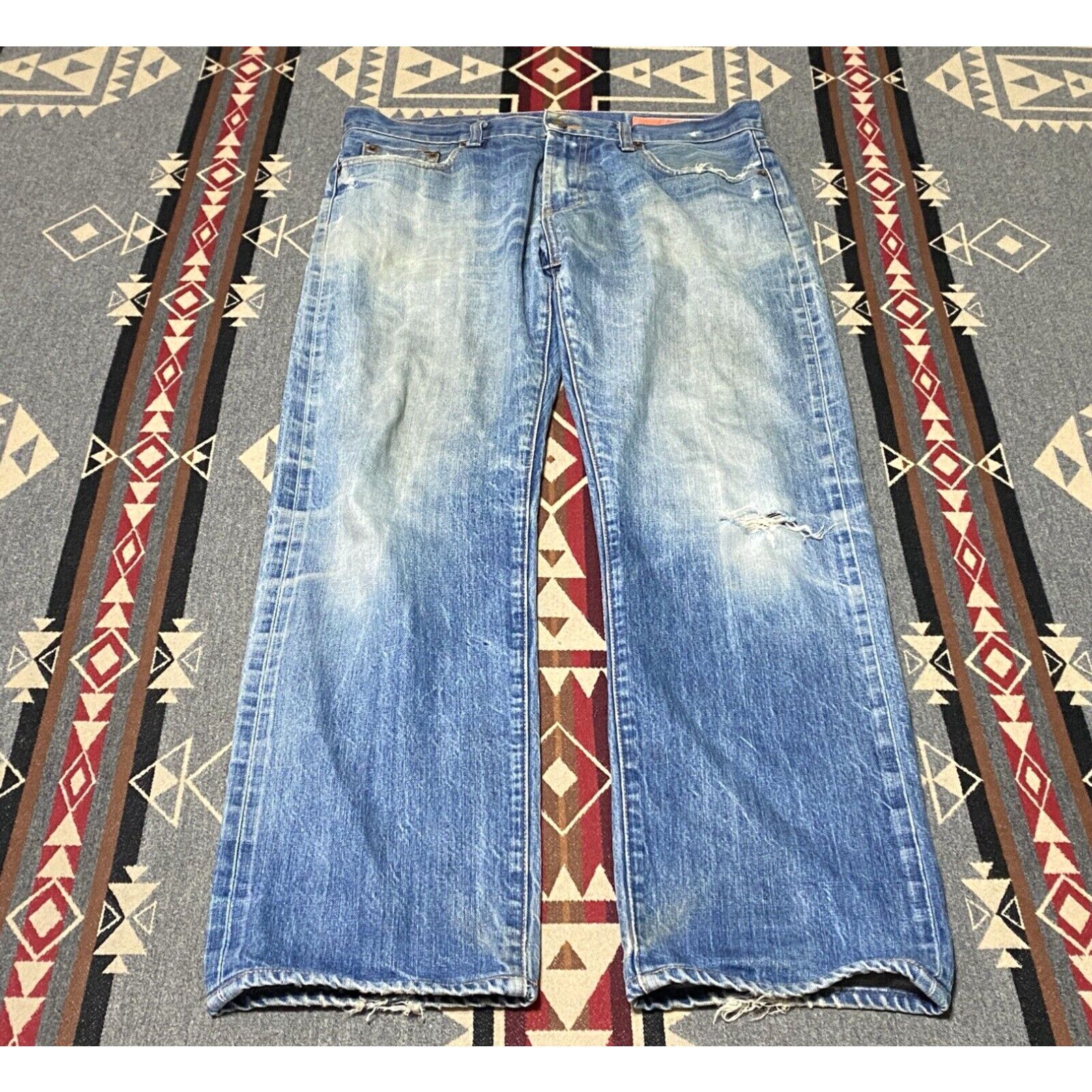 image of Vintage Jean Shop “Rocker” Selvedge Blue Jeans Size 33 (34X30) Blue Denim Orange Accent 72 in White