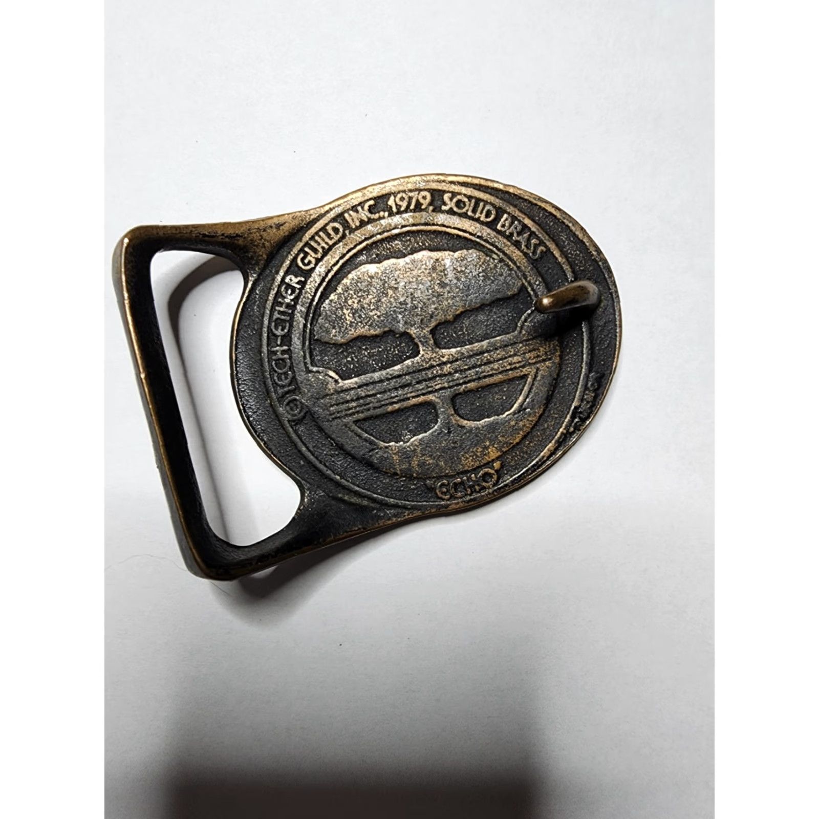 VINTAGE Tech Ether Solid Brass Belt Buckle Rainbow Forest Trees Hippie Multicolor Mens