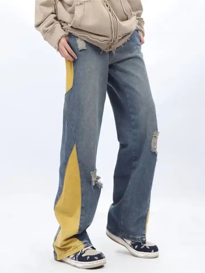Y2K Fashion Contrast Color Spliced Baggy Ripped Jeans