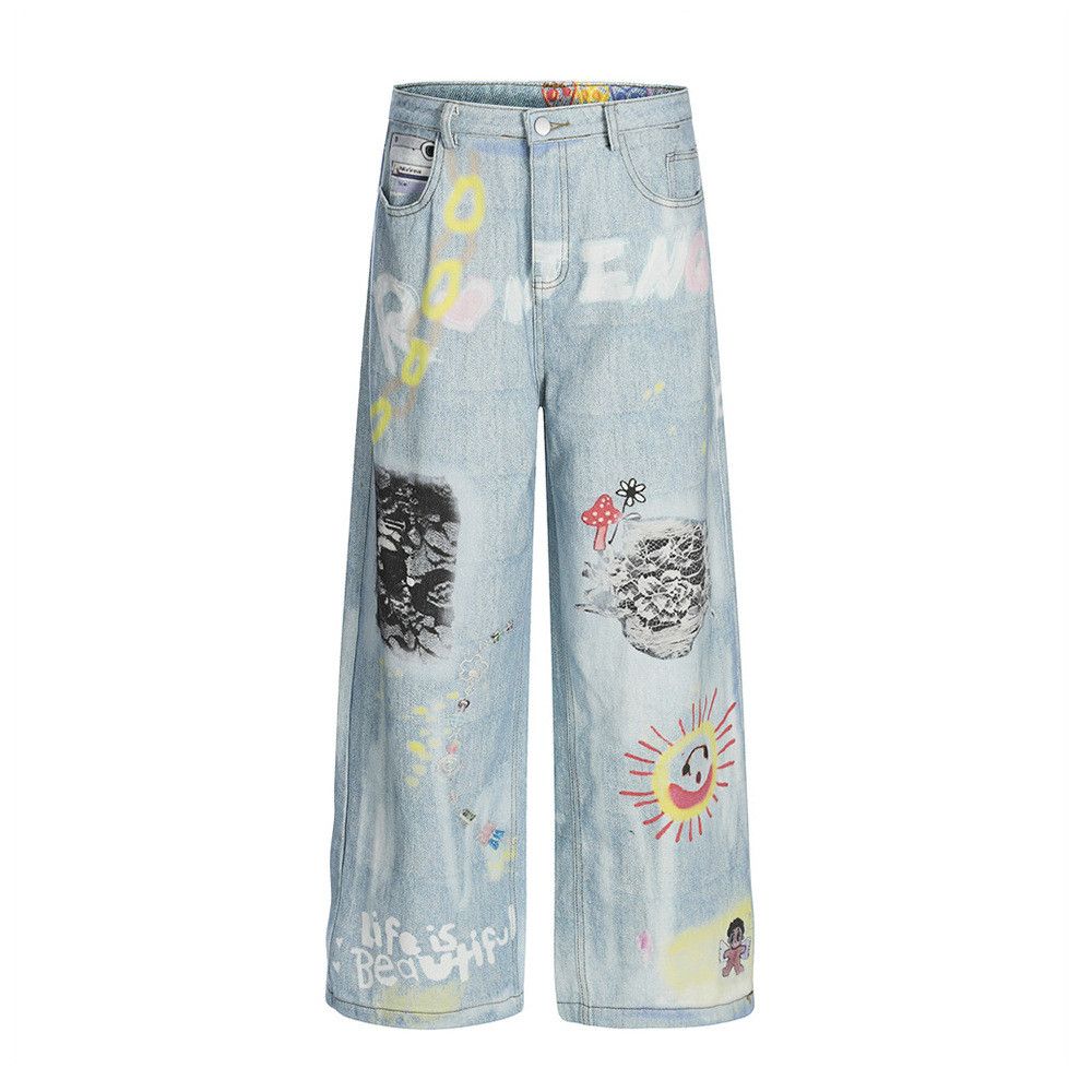 Vintage Hip Hop Men's High Street Graffiti Print Wide-Leg Jeans Size US 32 / EU 48 - 1 Thumbnail