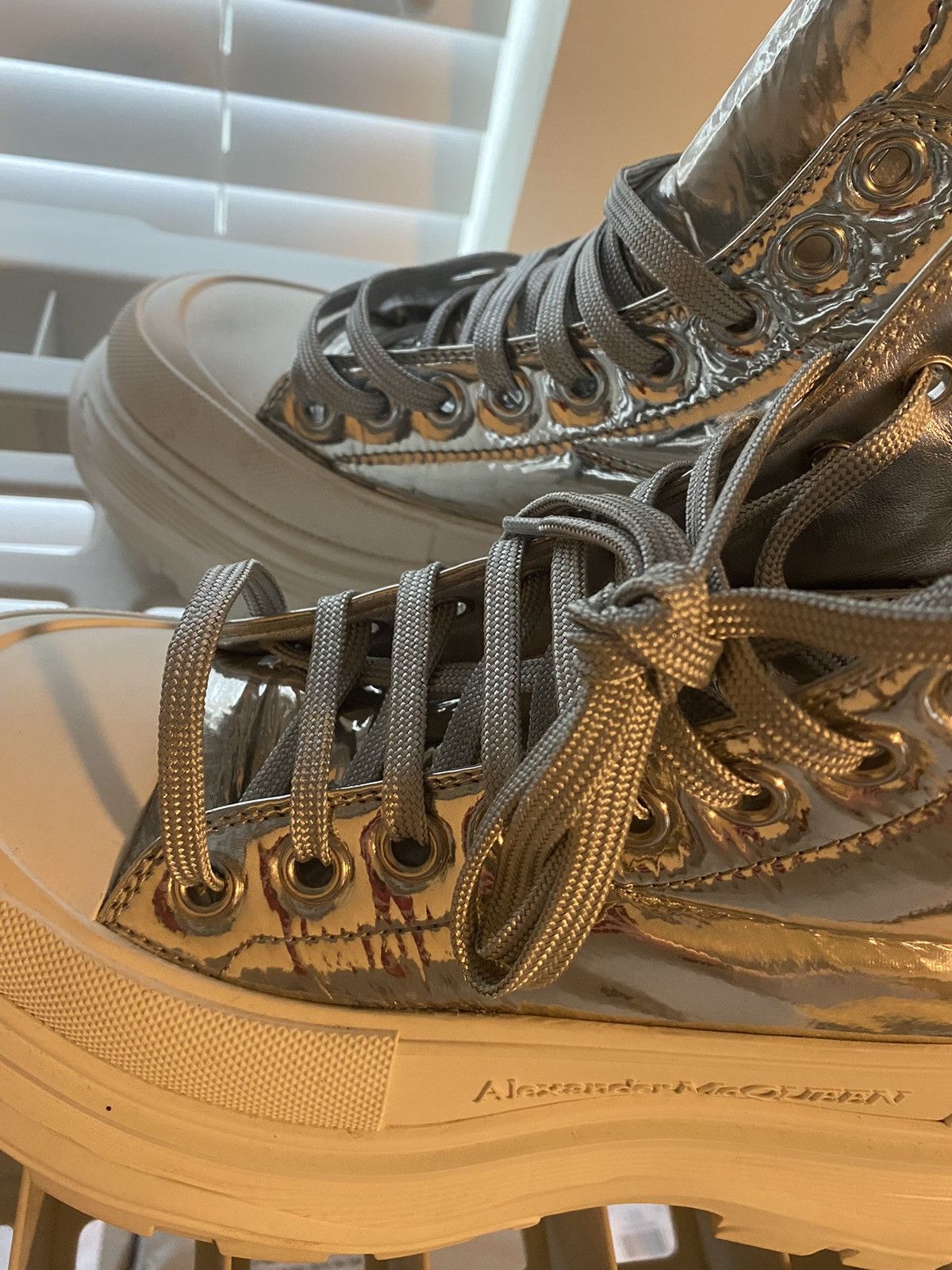 image of Steal $850 Alexander Mcqueen Tread Boots High 38 in Silver, Women's