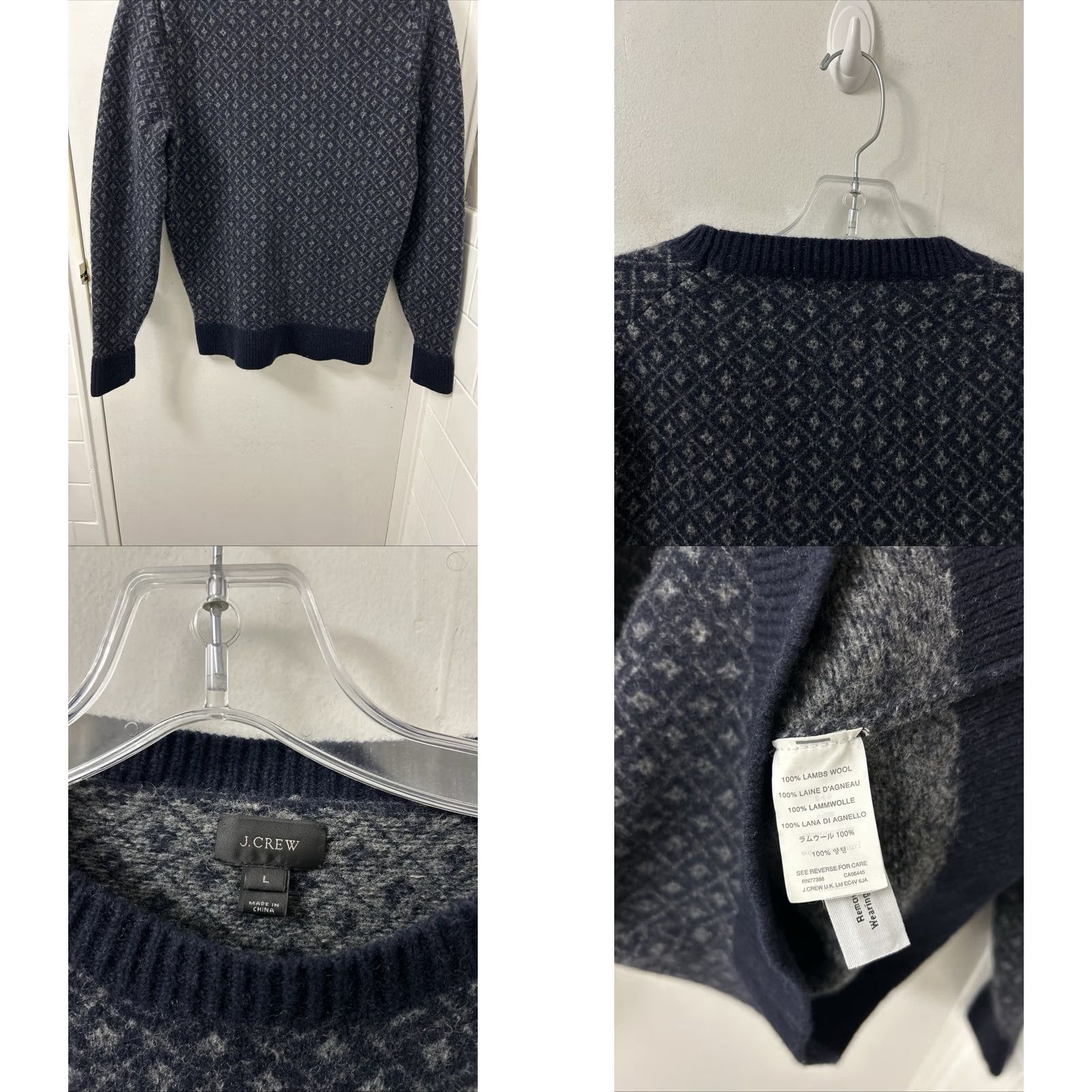 Vintage J Crew Sweater Mens L Blue Navy Gray Lambswool Diamond Knit Crewneck E1356 FA15 Size US L / EU 52-54 / 3 - 8 Thumbnail