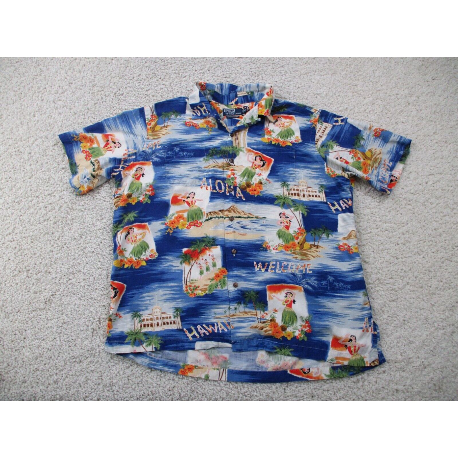 image of Polo Ralph Laurent Shirt Men Extra Large Blue Aloha Hawaiian Vintage Camp Viscose in White (Size XL